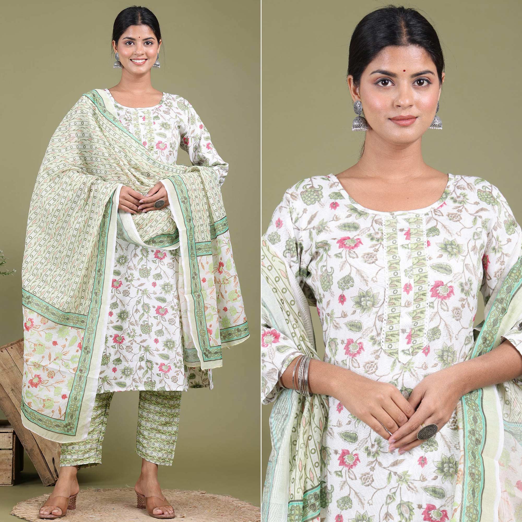 White Floral Foil Printed Rayon Suit