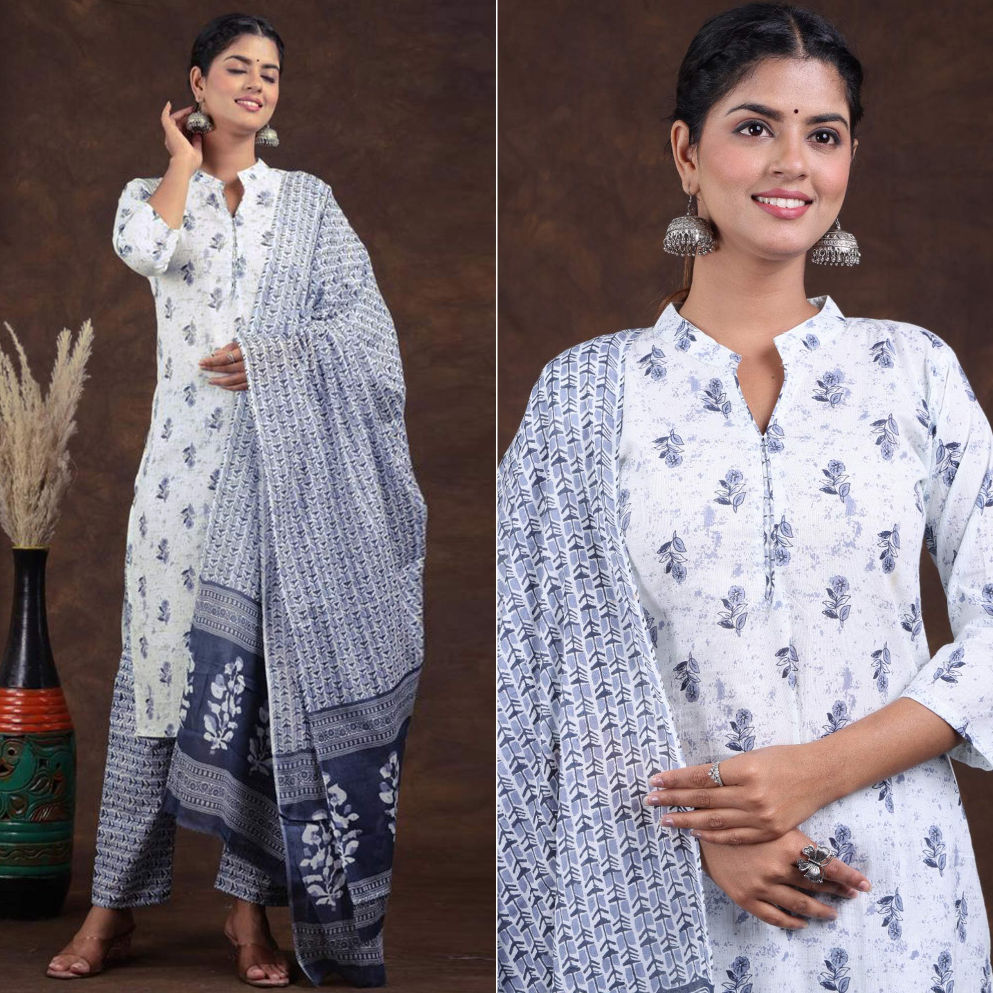 White-Grey Jaipuri Printed Pure Cotton Suit