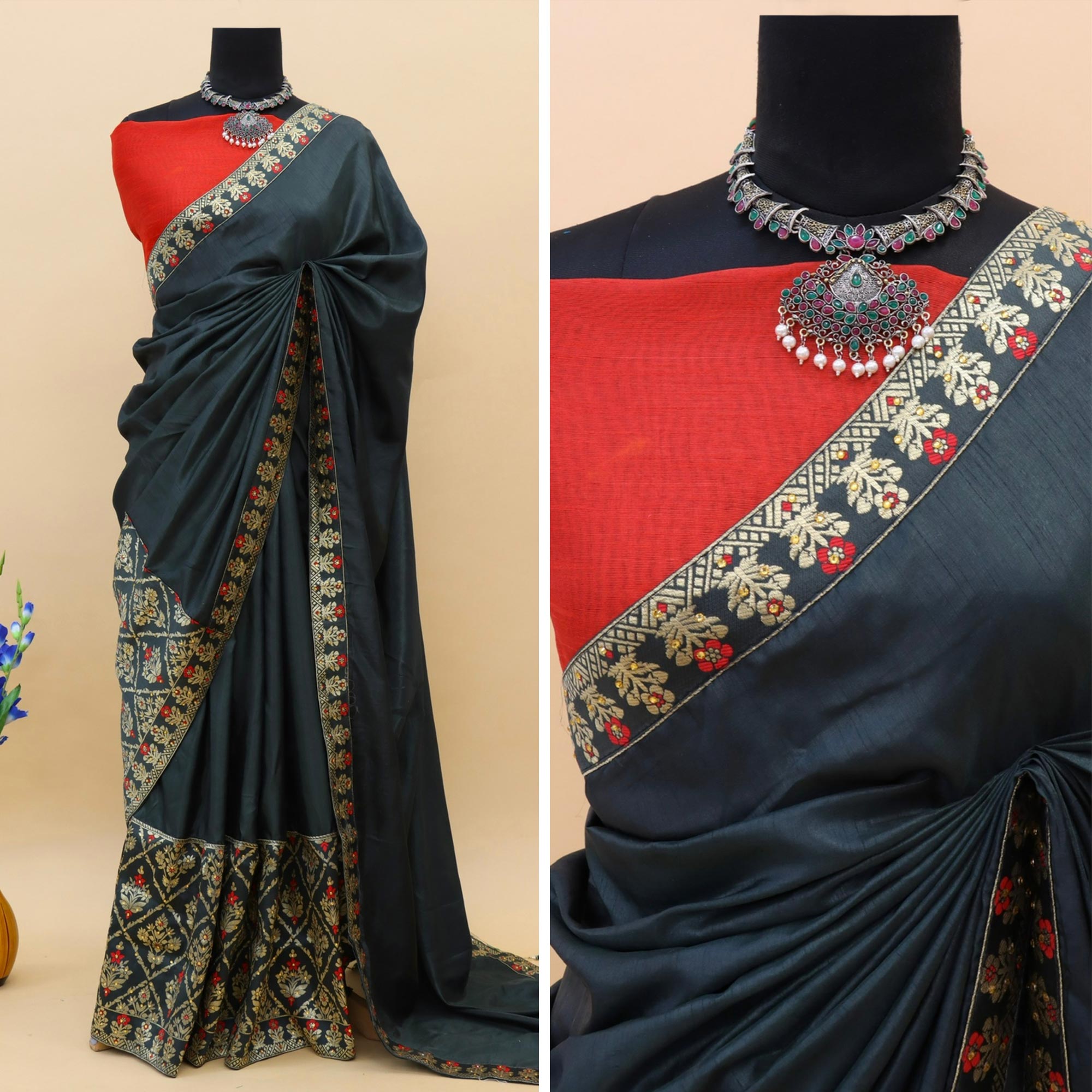 Dark Blue Woven With Stone Work Art Silk Saree