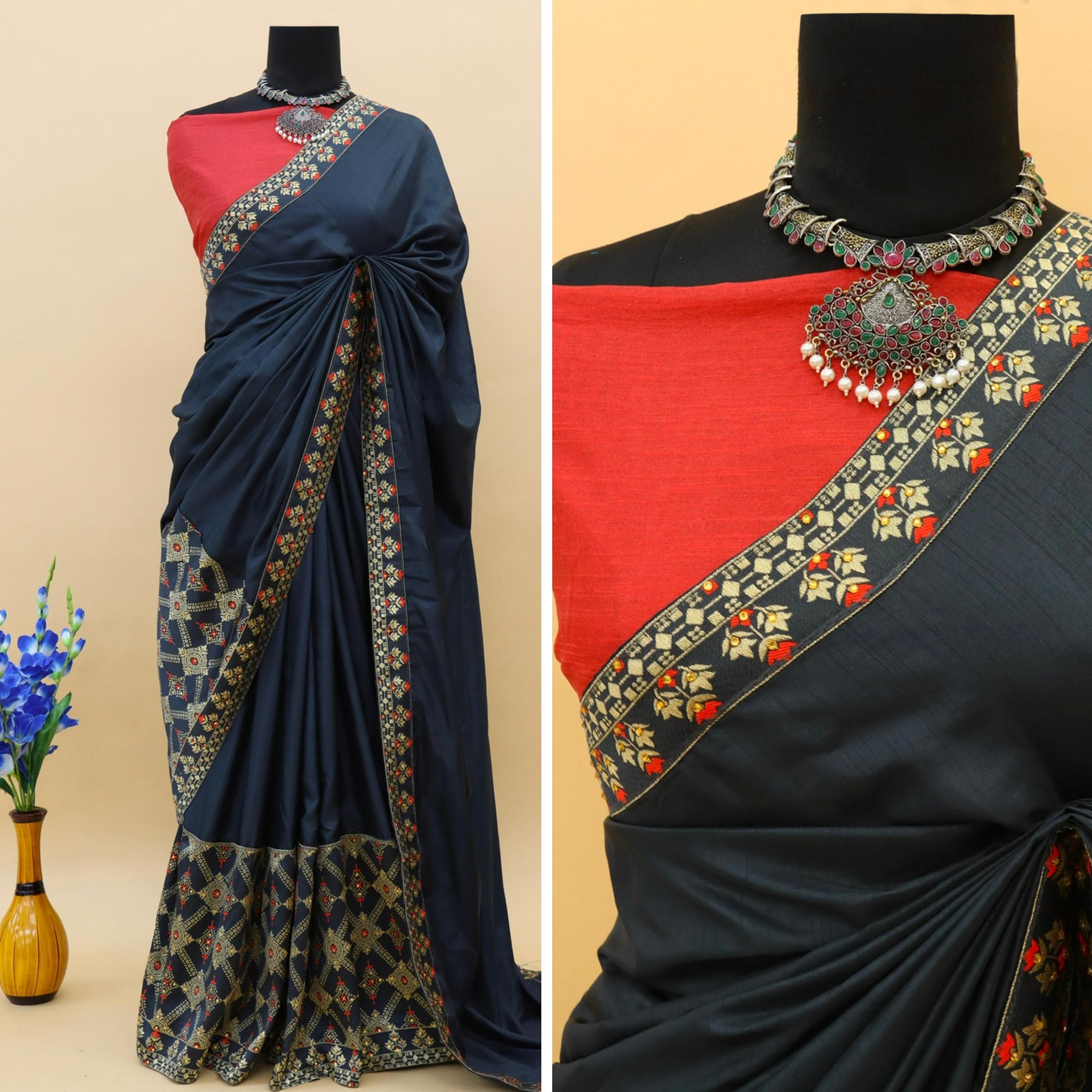 Navy Blue Woven With Stone Work Art Silk Saree