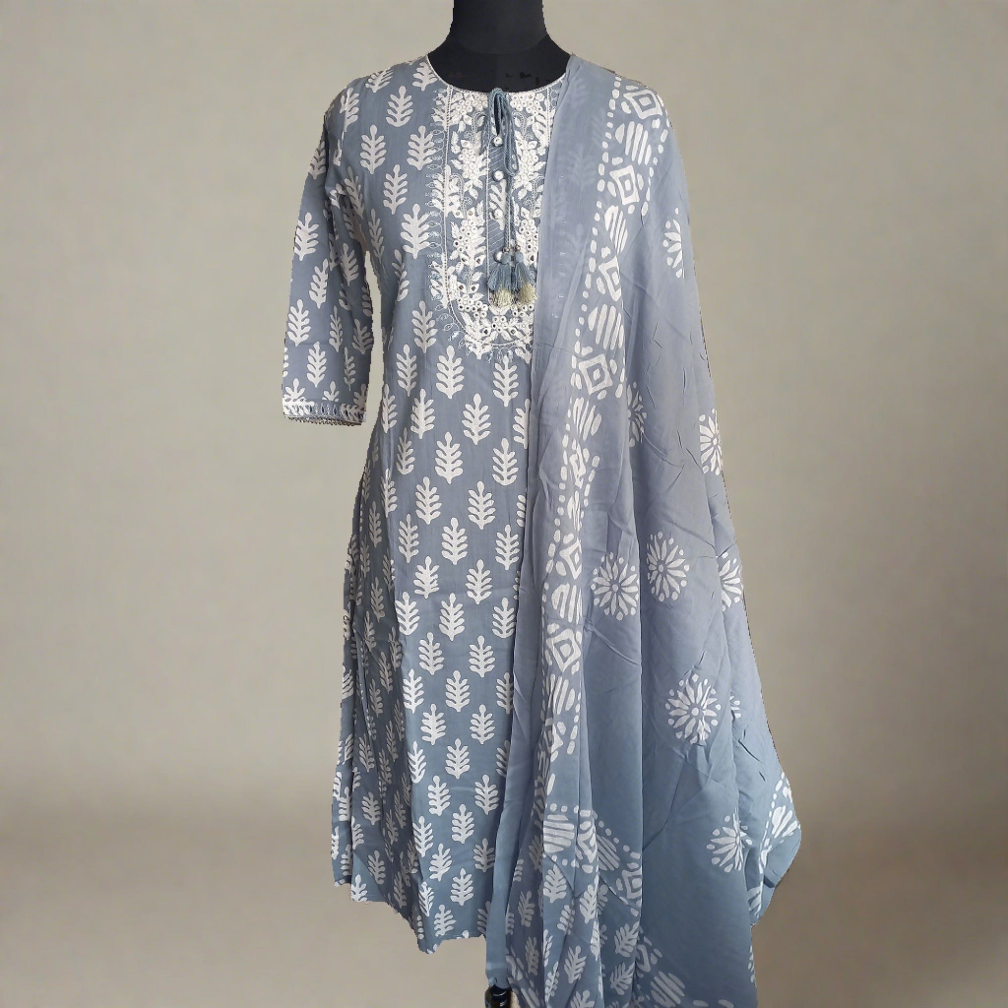 Grey Printed Pure Cotton Kurti Pant Set With Dupatta