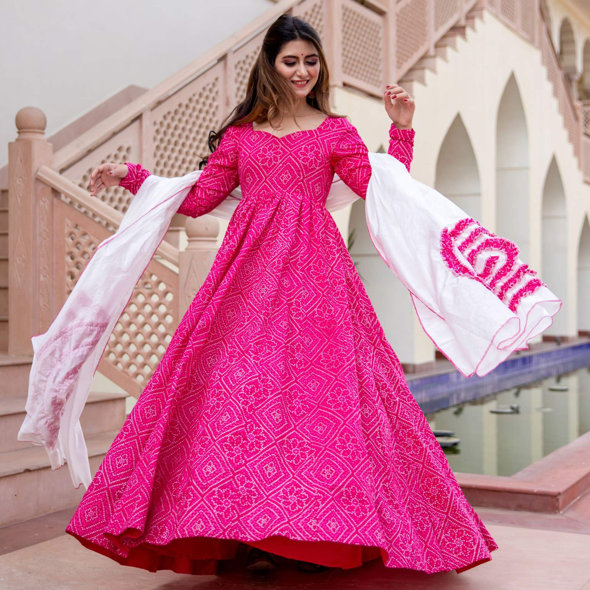 Pink Bandhani Printed Rayon Gown With Dupatta