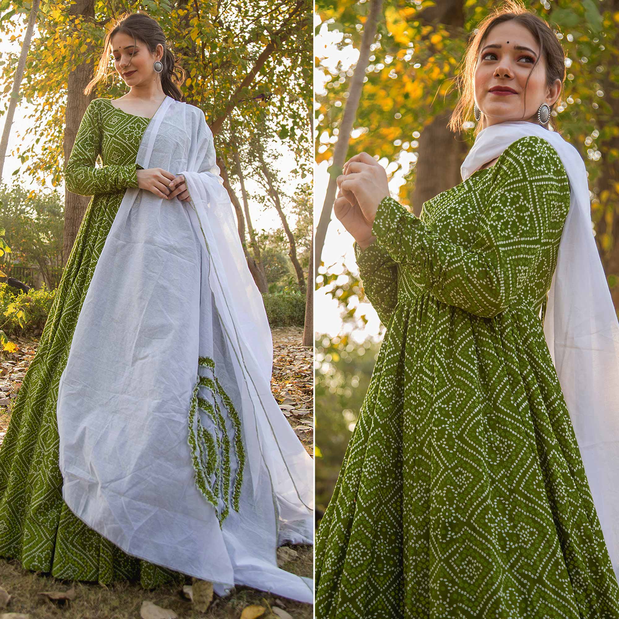 Green Bandhani Printed Rayon Gown With Dupatta