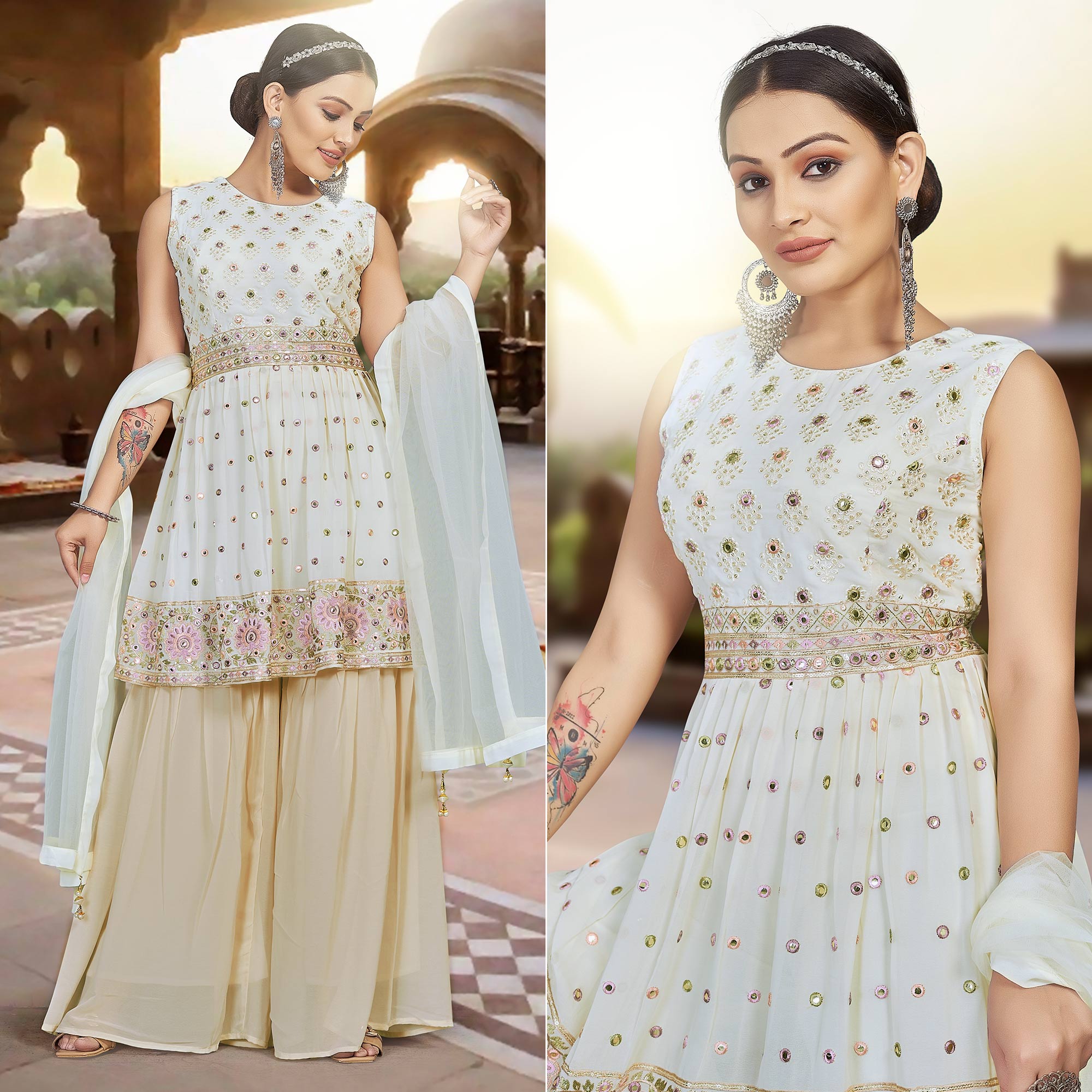 Cream Floral Embroidered Georgette Sharara Suit