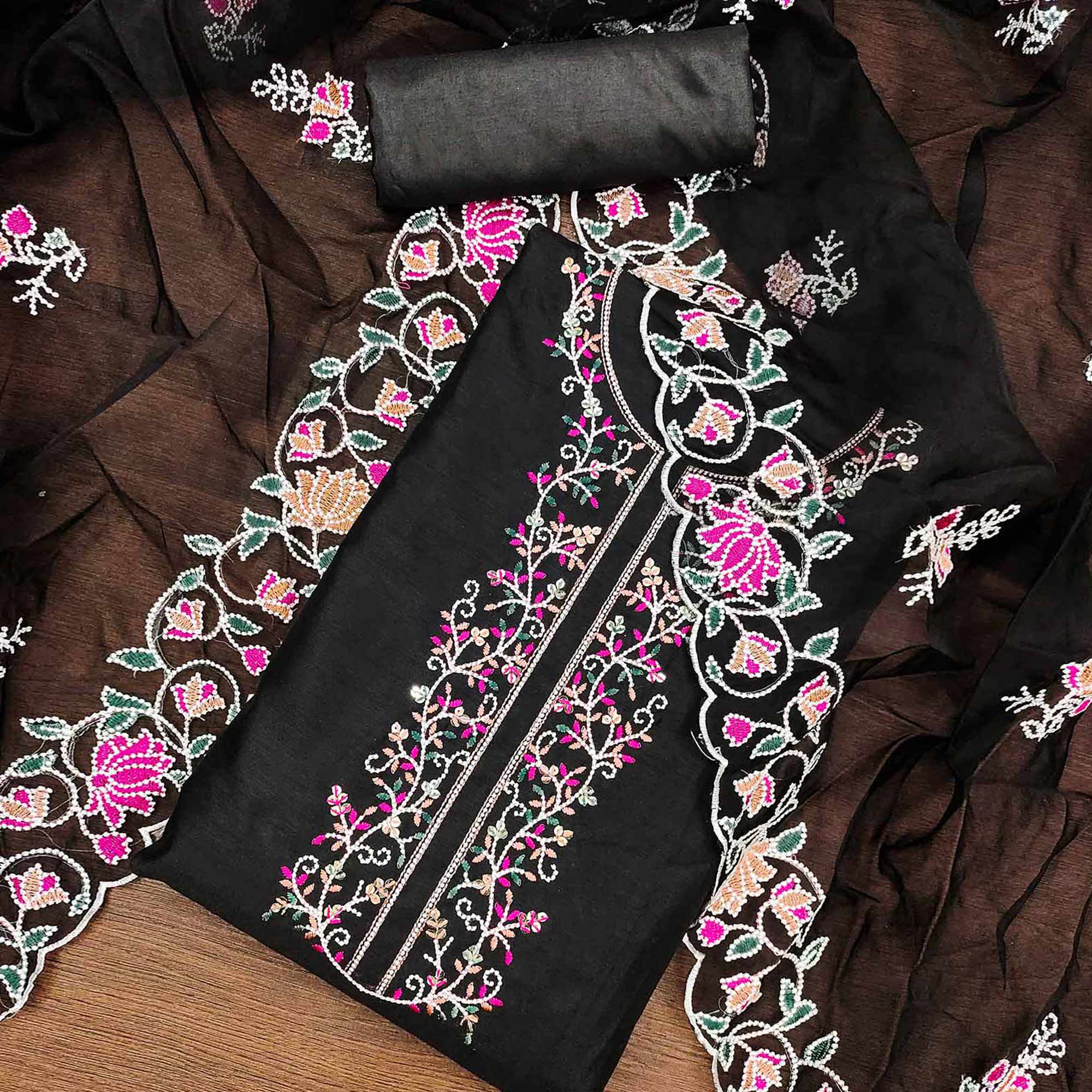 Black Floral Embroidered Chanderi Dress Material