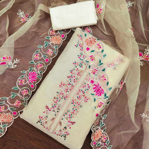 Cream Floral Embroidered Chanderi Dress Material