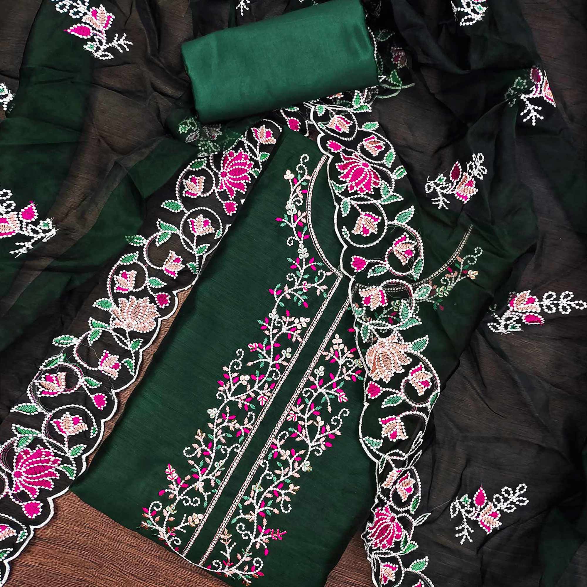 Green Floral Embroidered Chanderi Dress Material