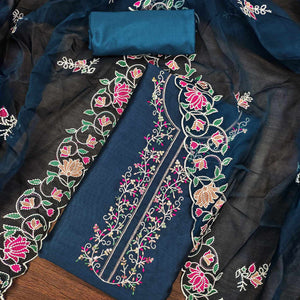 Morpich Blue Floral Embroidered Chanderi Dress Material