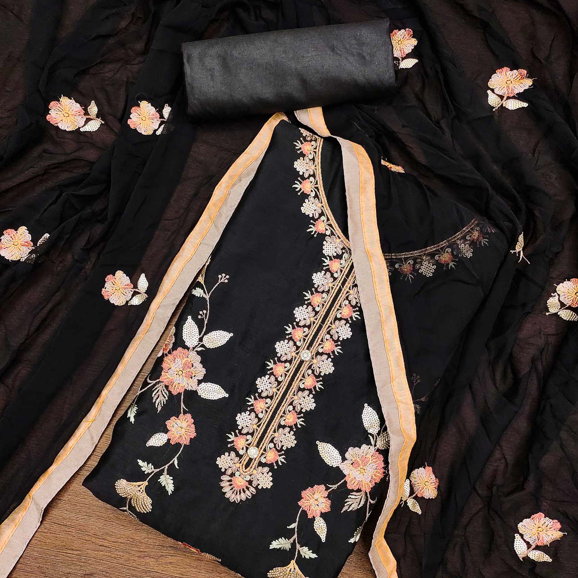Black Floral Embroidered Chanderi Dress Material