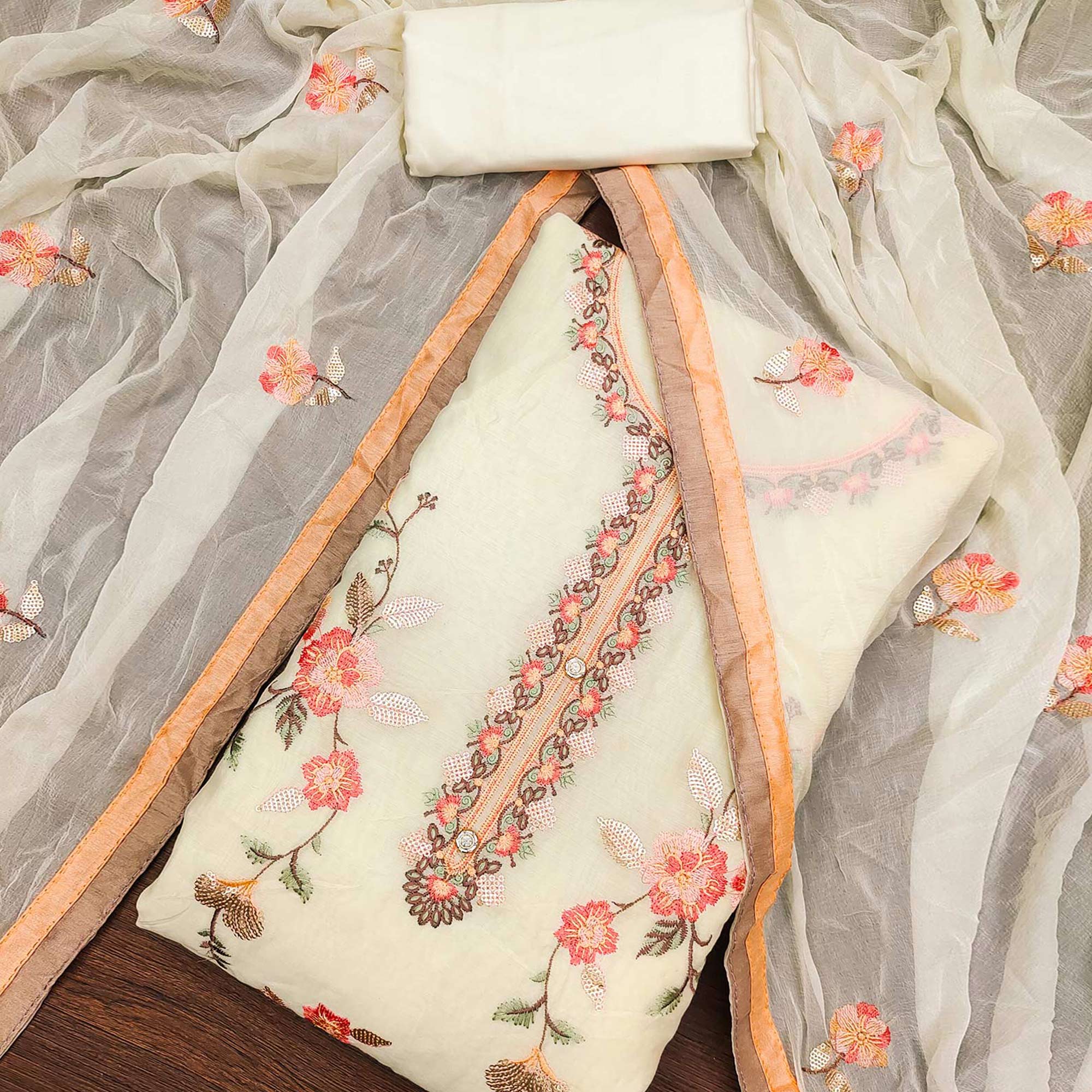 Cream Floral Embroidered Chanderi Dress Material
