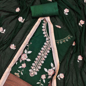Green Floral Embroidered Chanderi Dress Material