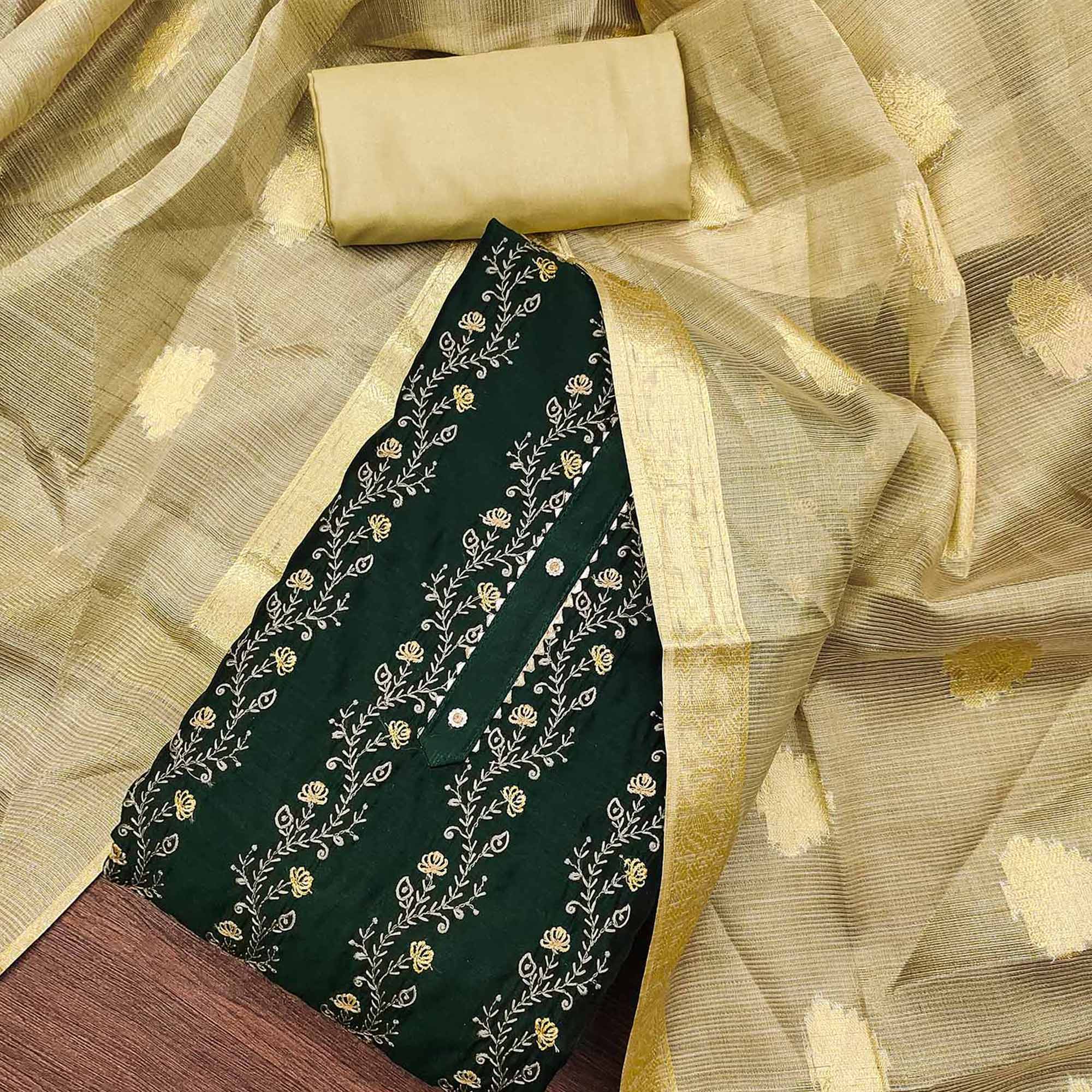 Green Floral Embroidered Chanderi Dress Material