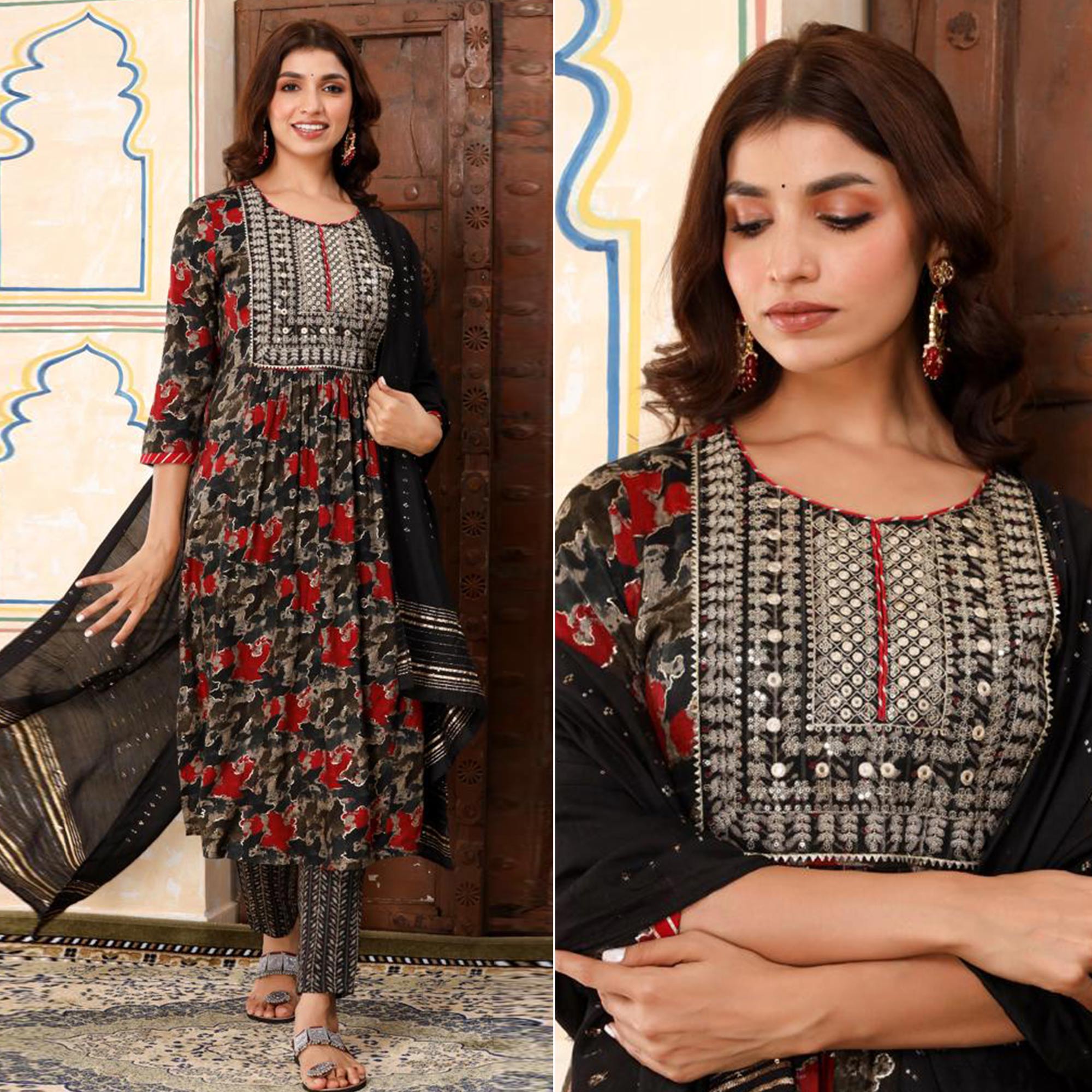 Black Printed & Embroidered Rayon Naira Cut Suit