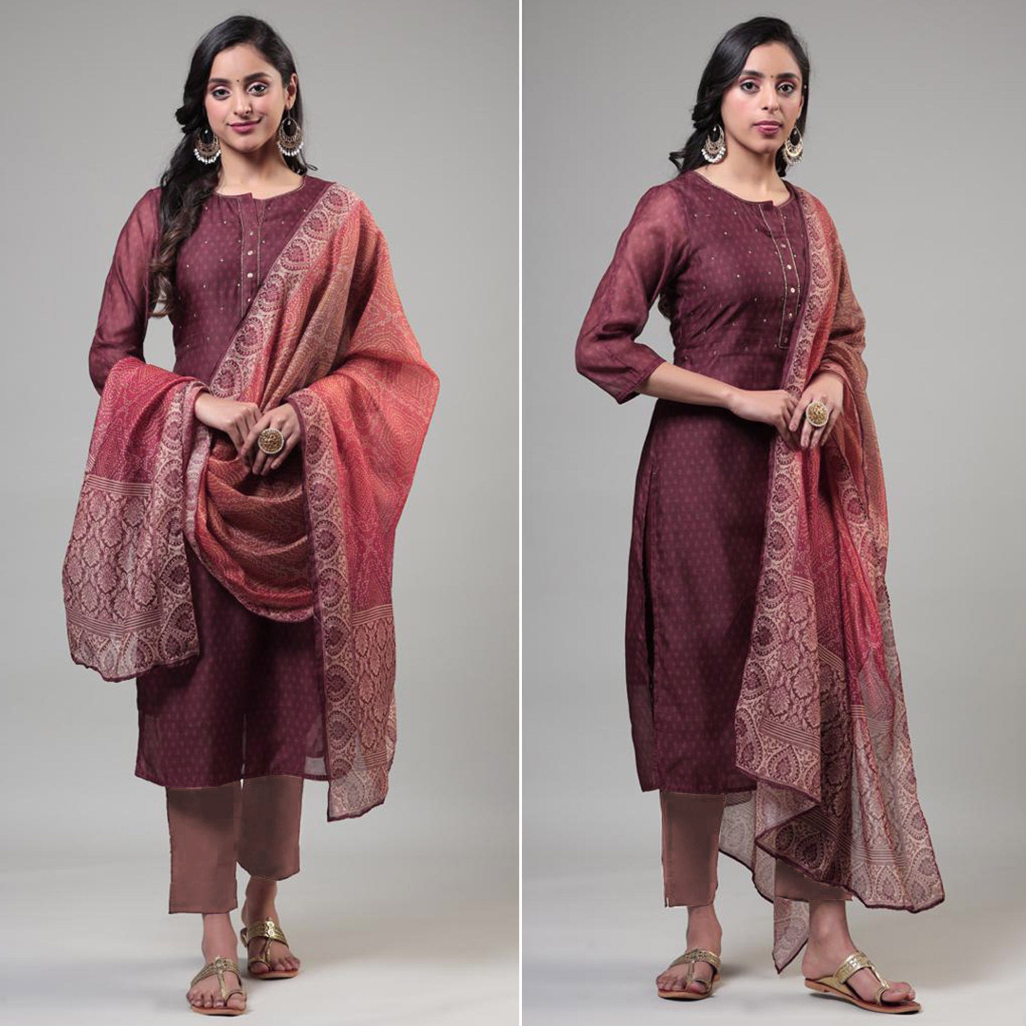 Dark Mauve Printed Chanderi Salwar Suit