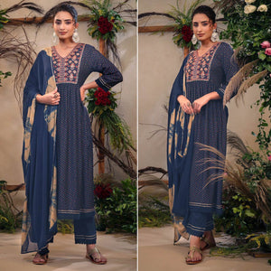 Blue Floral Printed With Embroidered Muslin Naira Cut Suit