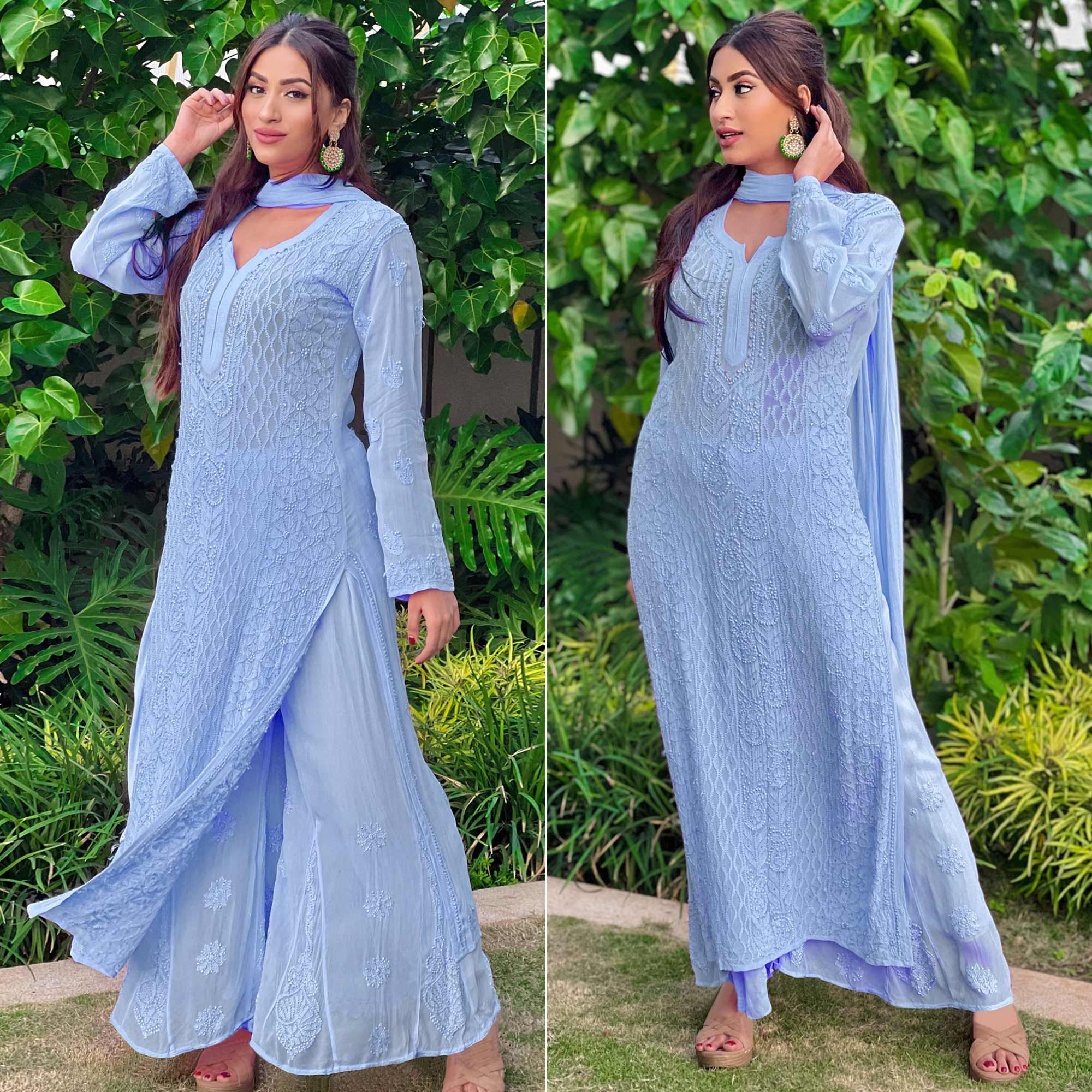 Violet Lucknowi Embroidered Georgette Kurti Palazzo Set