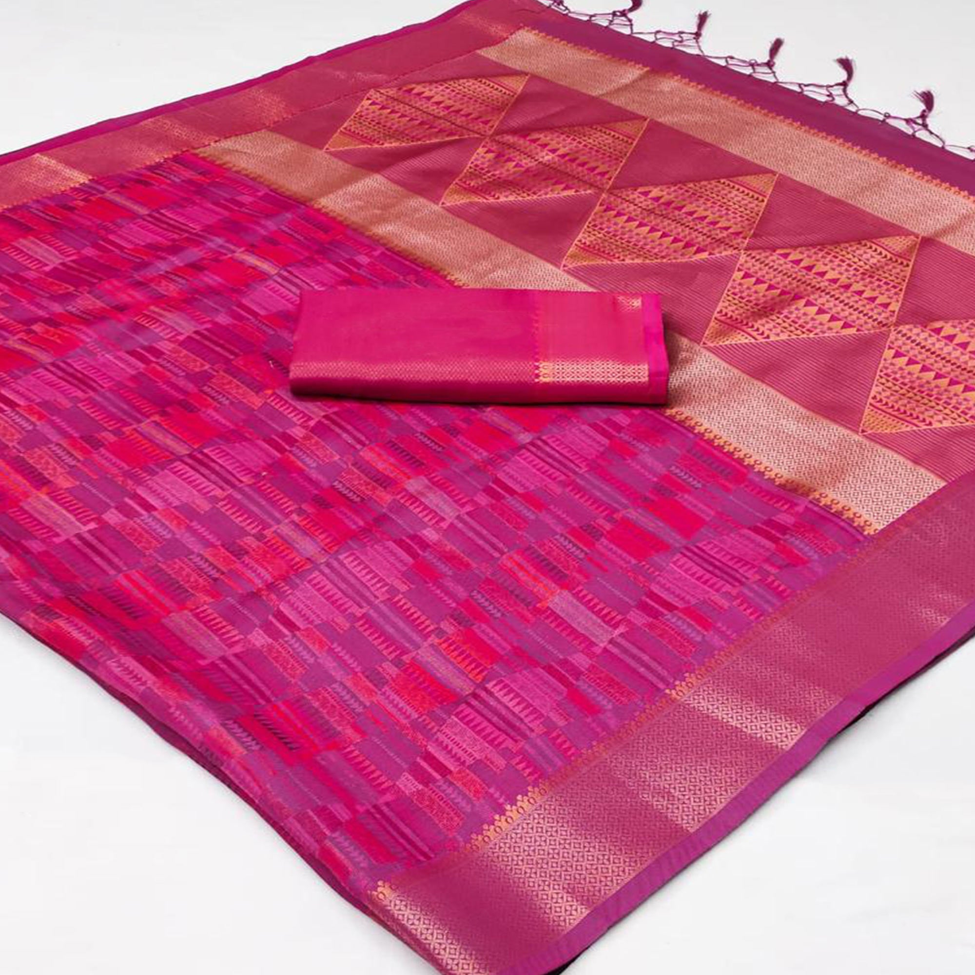 Rose Pink Woven Organza Saree With Tassels