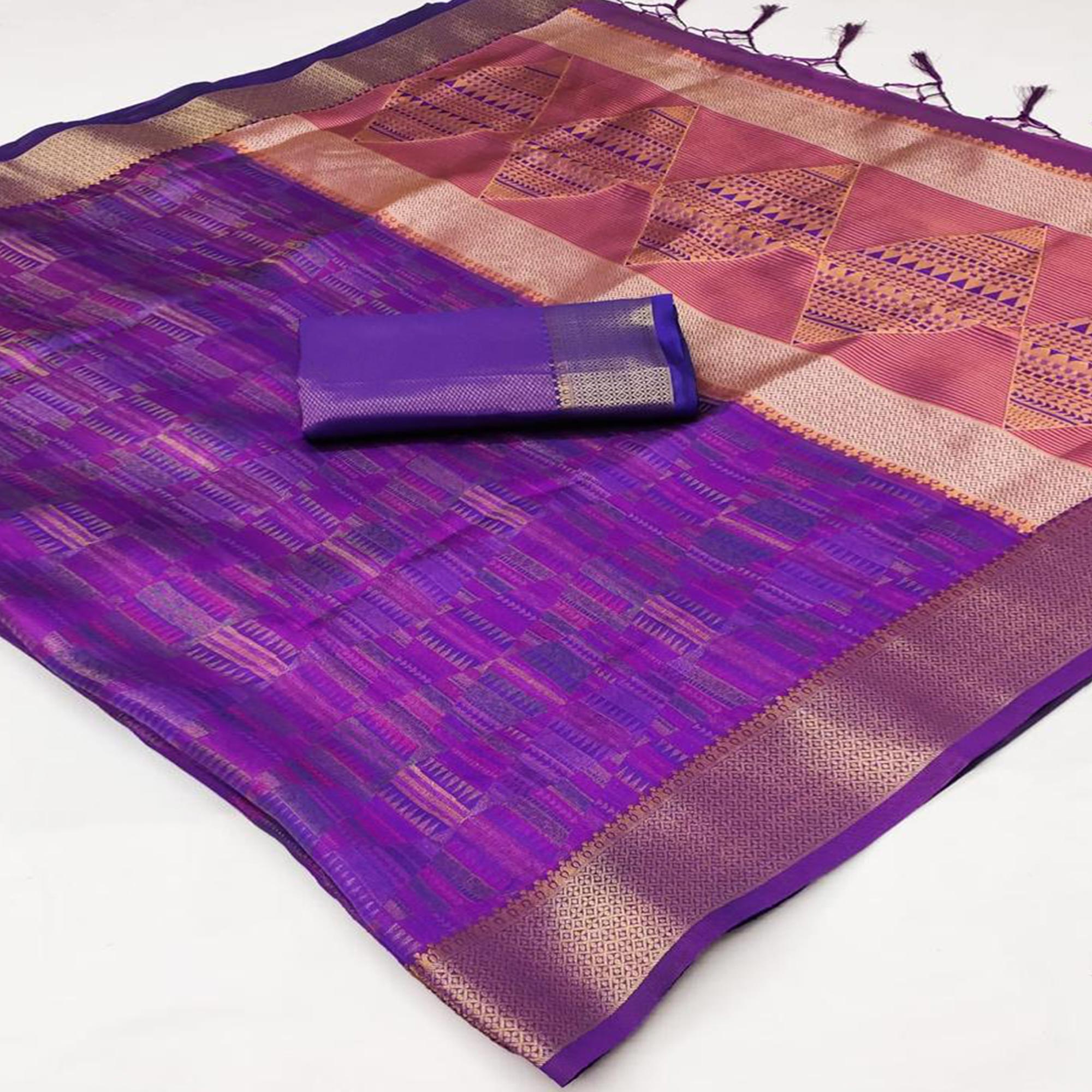 Purple Woven Organza Saree With Tassels