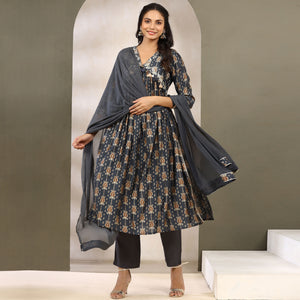 Grey Jaipuri Printed Muslin Naira Cut Suit