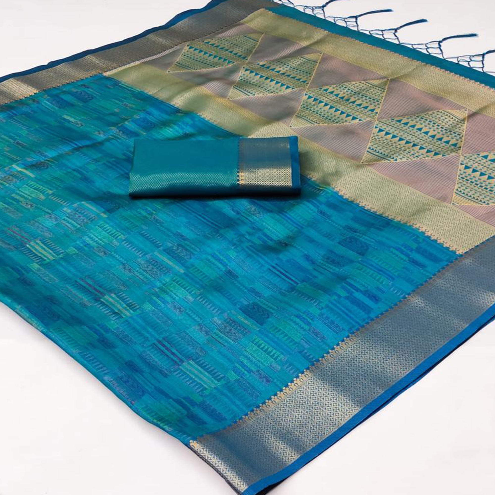 Firozi Blue Woven Organza Saree With Tassels