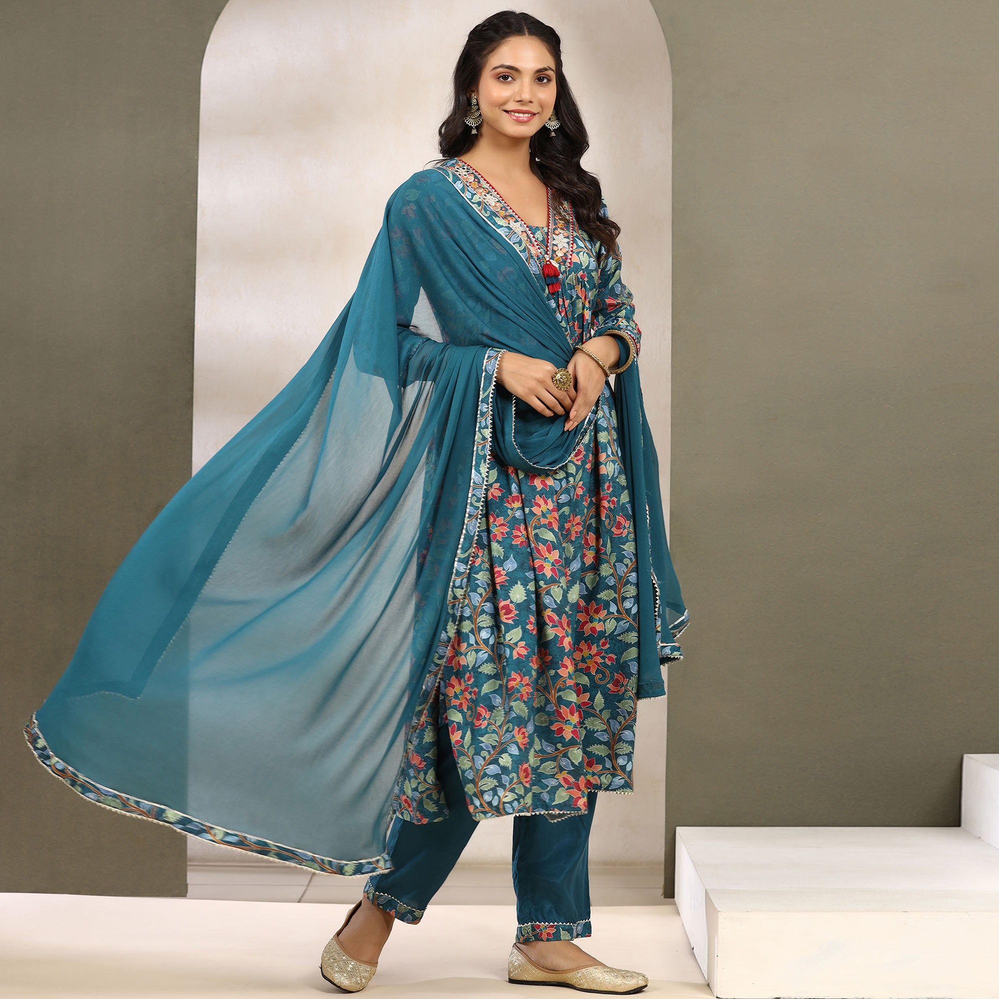 Teal Blue Jaipuri Printed Muslin Naira Cut Suit