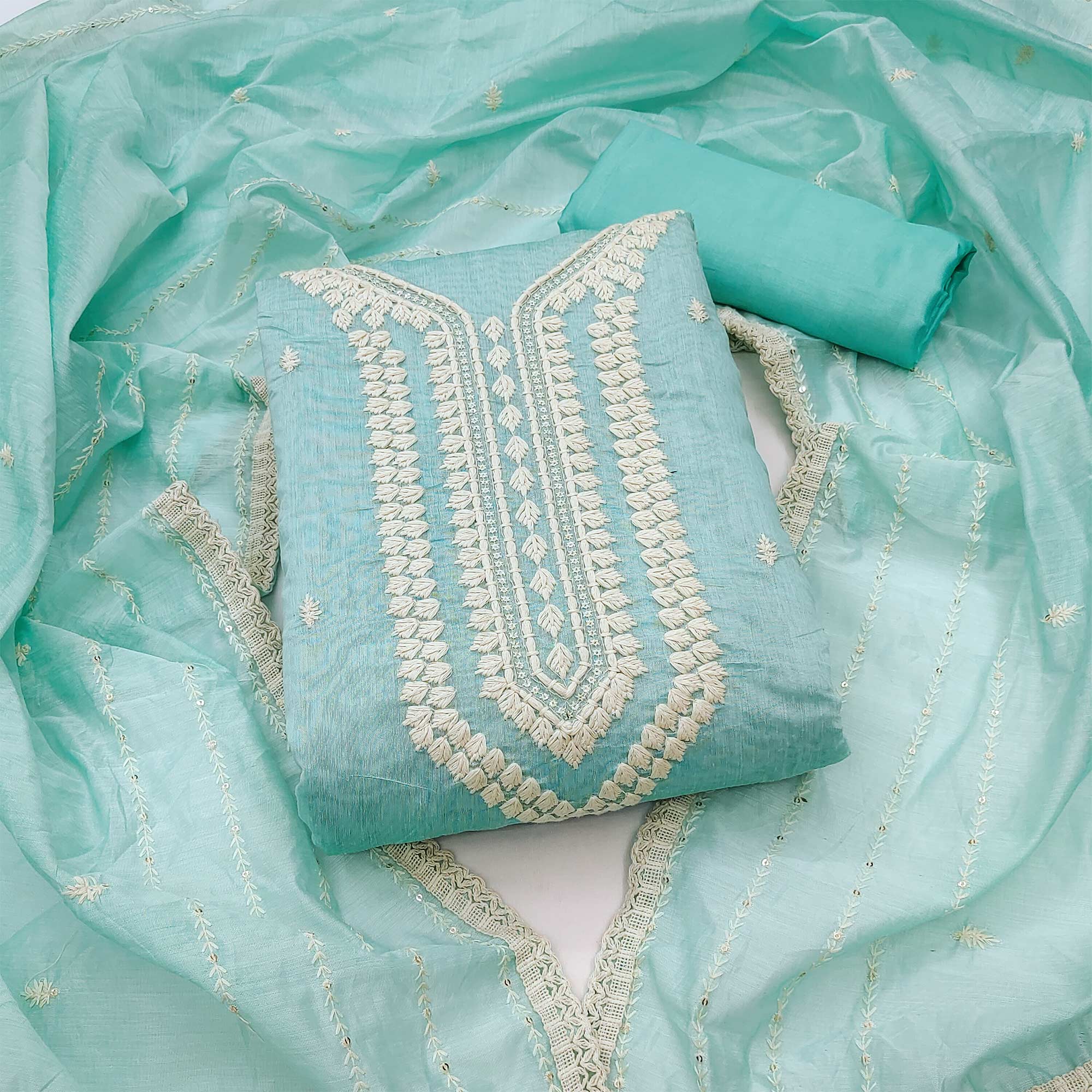 Light Blue Embroidered Chanderi Dress Material