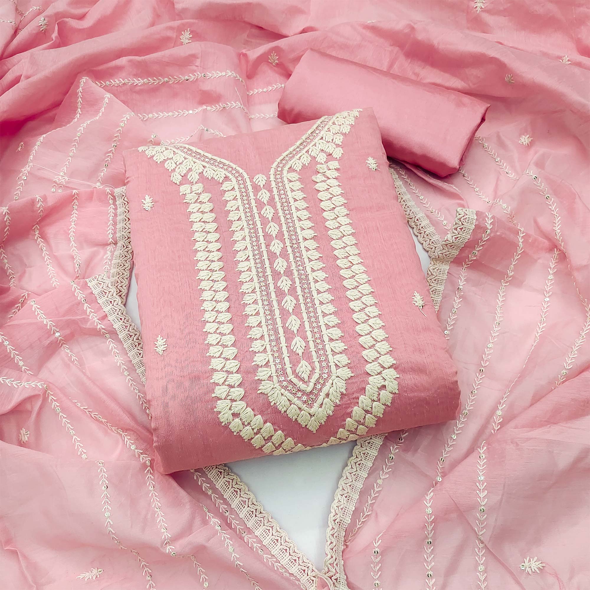 Baby Pink Embroidered Chanderi Dress Material