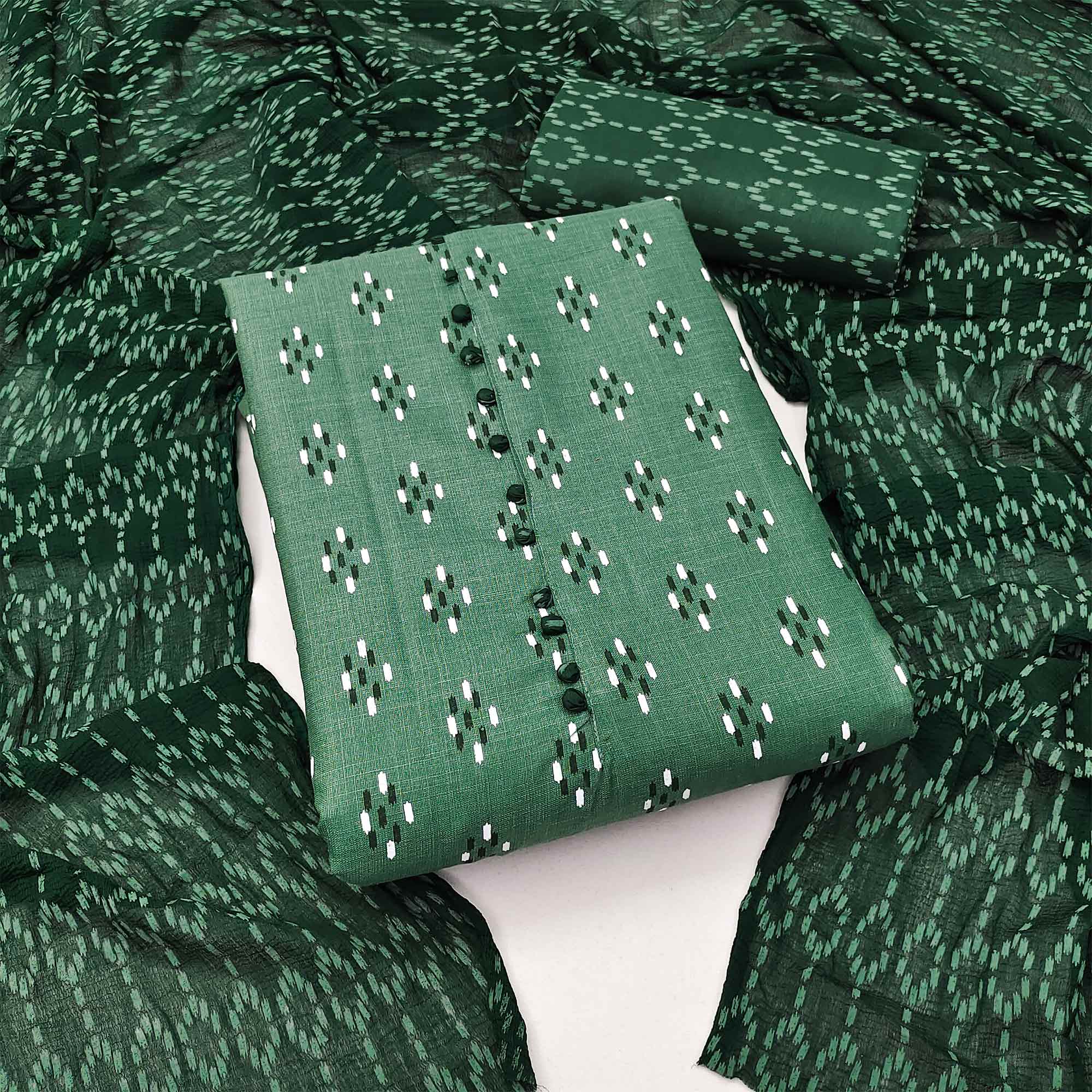 Green Printed Cotton Blend Dress Material