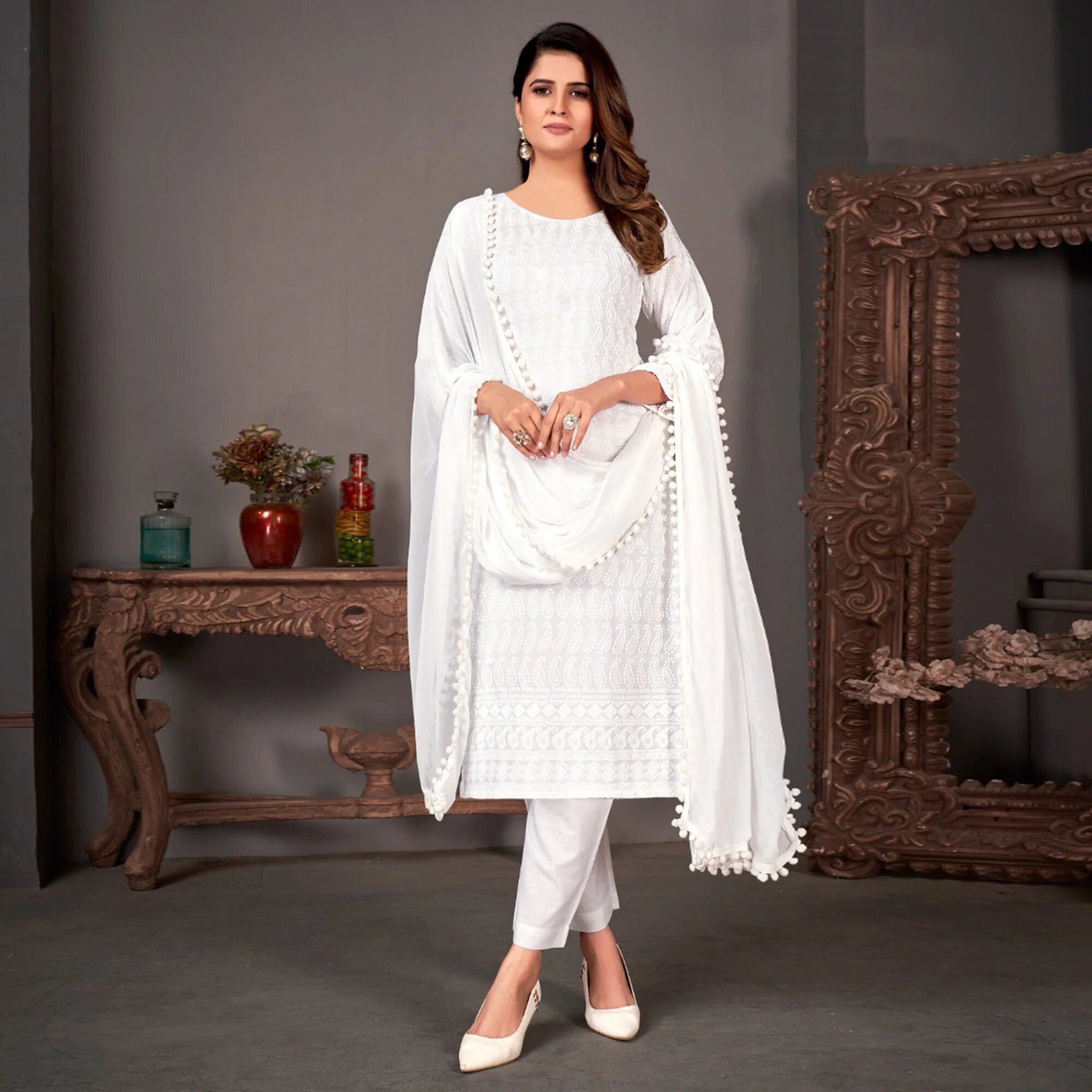 White Chikankari Work Rayon Salwar Suit