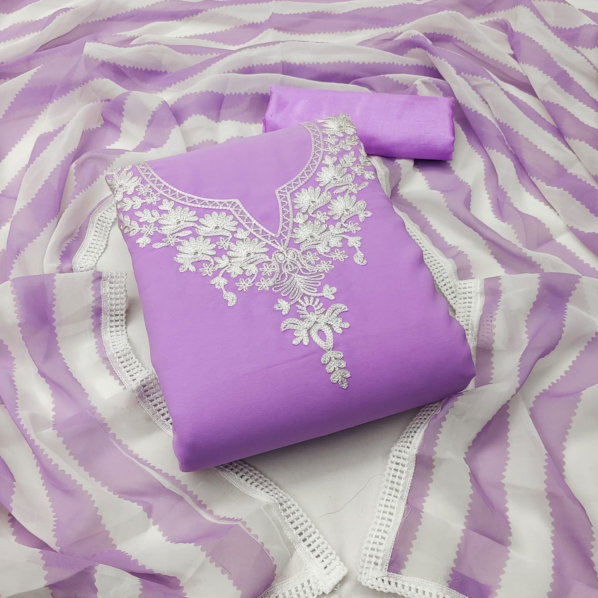 Lavender Lucknowi Embroidered Georgette Dress Material