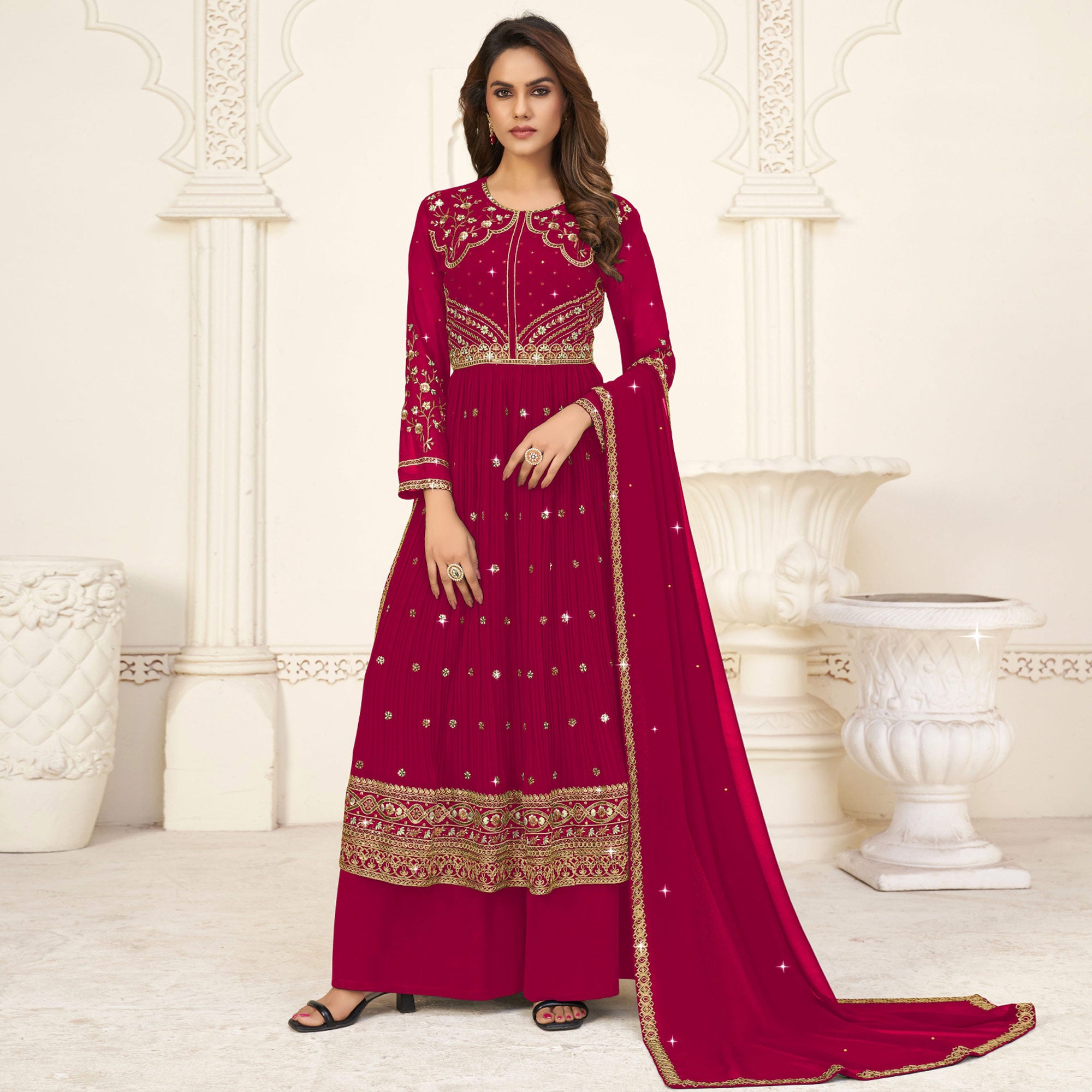 Pink Embroidered Georgette Naira Cut Suit