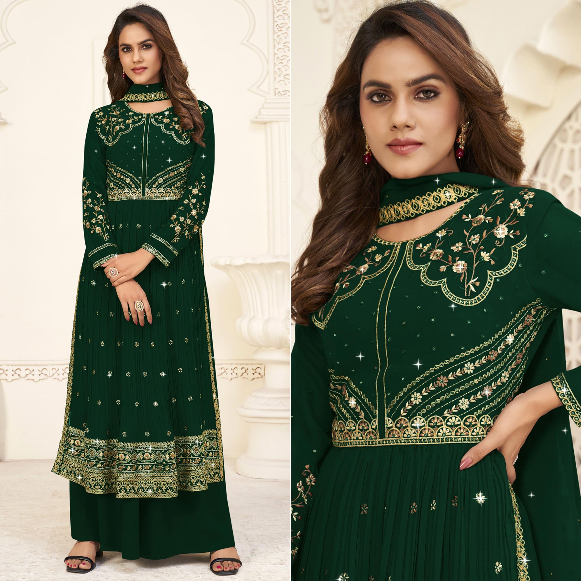 Green Embroidered Georgette Naira Cut Suit
