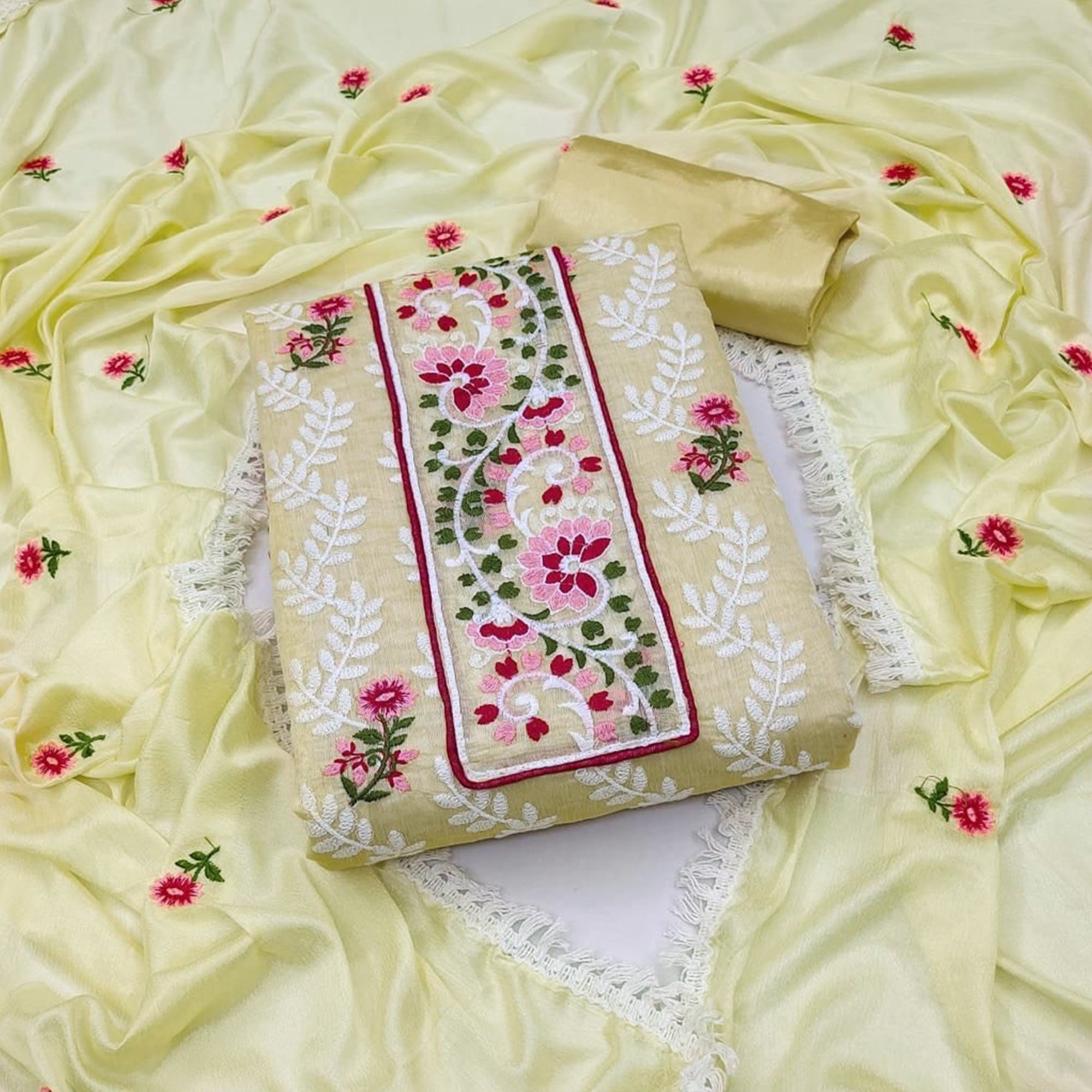 Yellow Floral Embroidered Chanderi Dress Material
