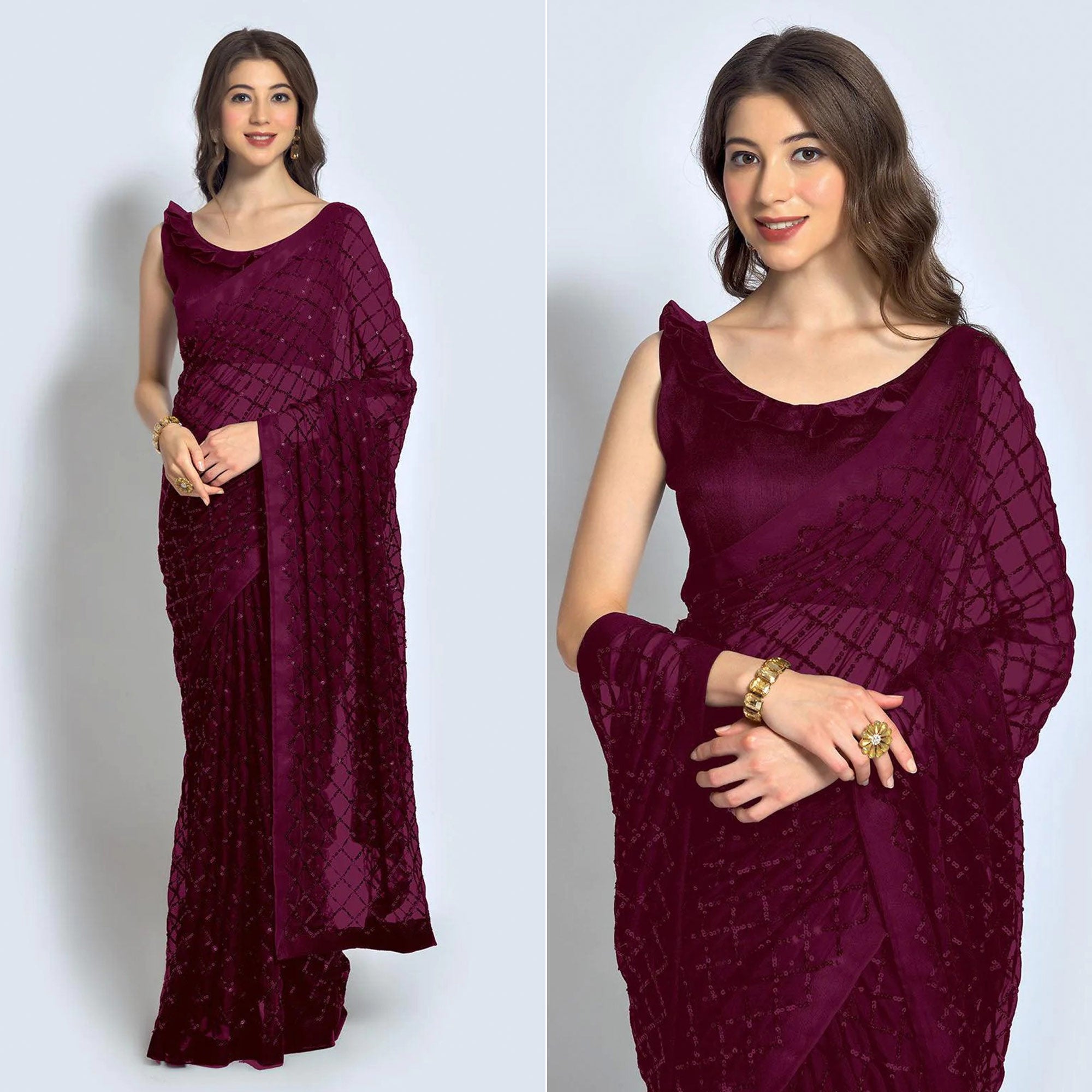 Wine Sequins Work Georgette Saree