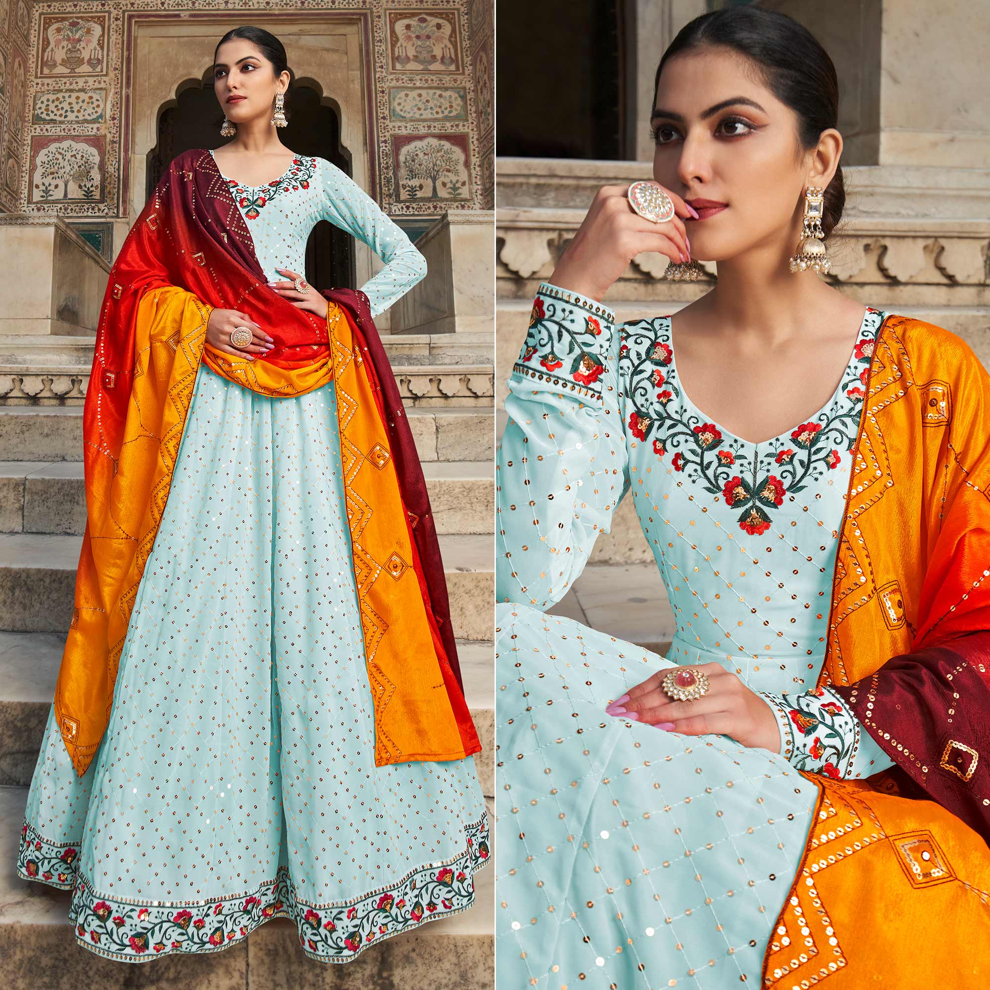 Sky Blue Sequins Embroidered Georgette Gown With Dupatta