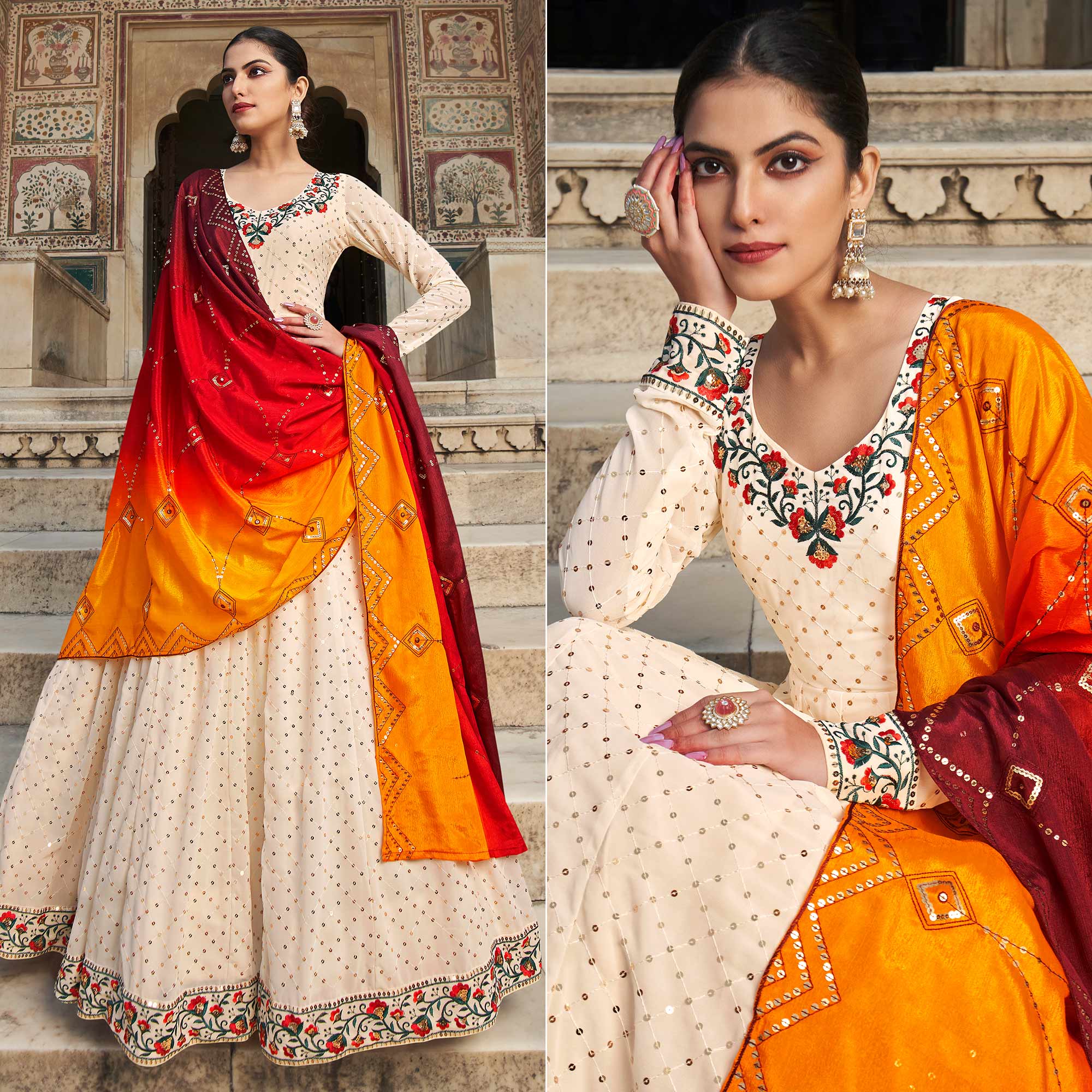 Cream Sequins Embroidered Georgette Gown With Dupatta