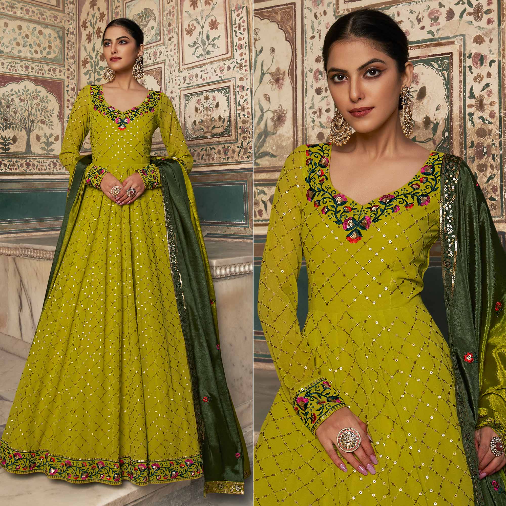 Lime Green Sequins Embroidered Georgette Gown With Dupatta