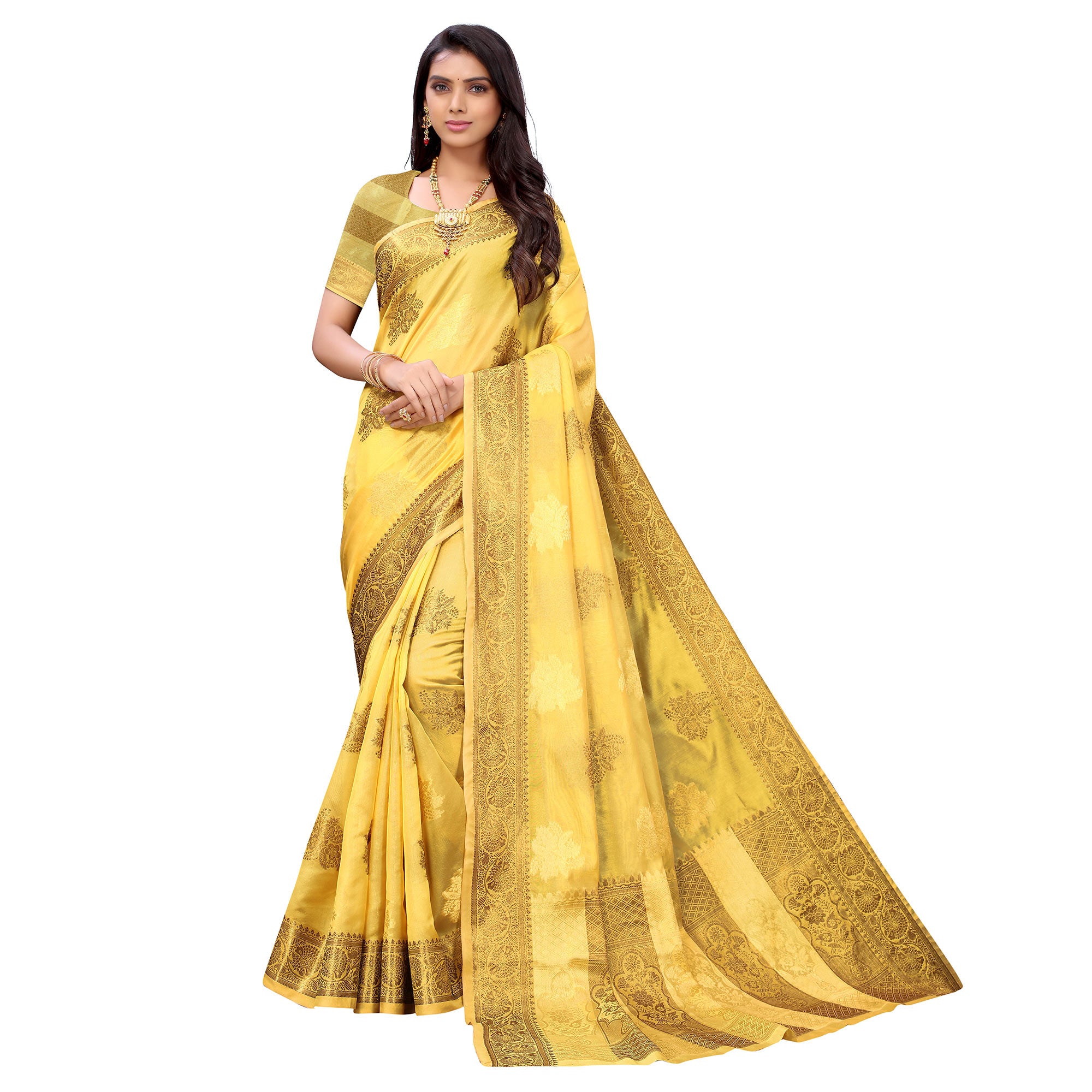 Yellow Festive Wear Floral Woven Silk Saree