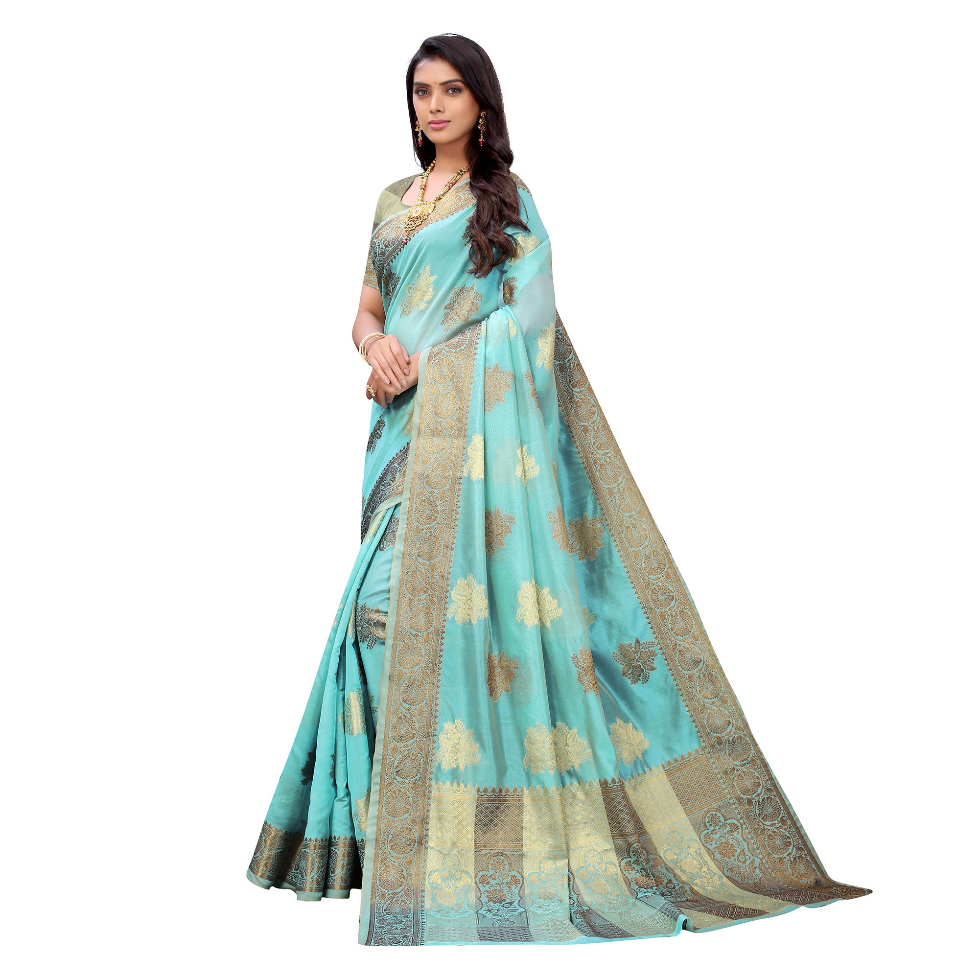Firozi Festive Wear Floral Woven Silk Saree