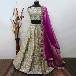 Beige Woven Jacquard Silk Lehenga Choli