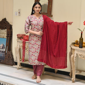 Off White & Maroon Printed Chanderi Salwar Suit