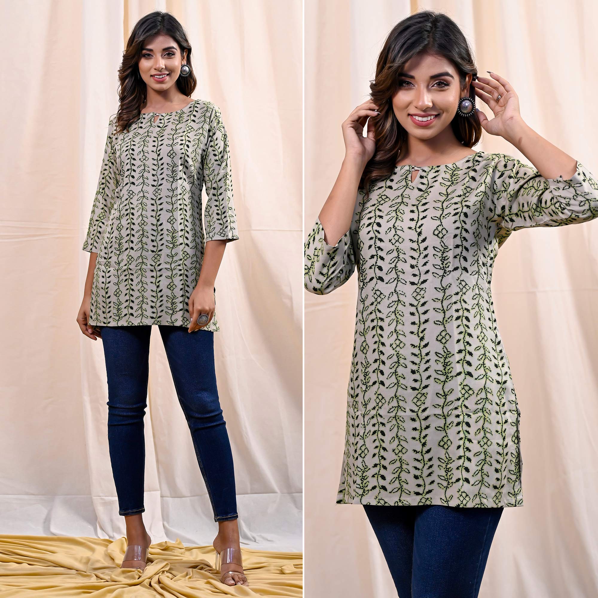 Green Floral Printed Rayon Top