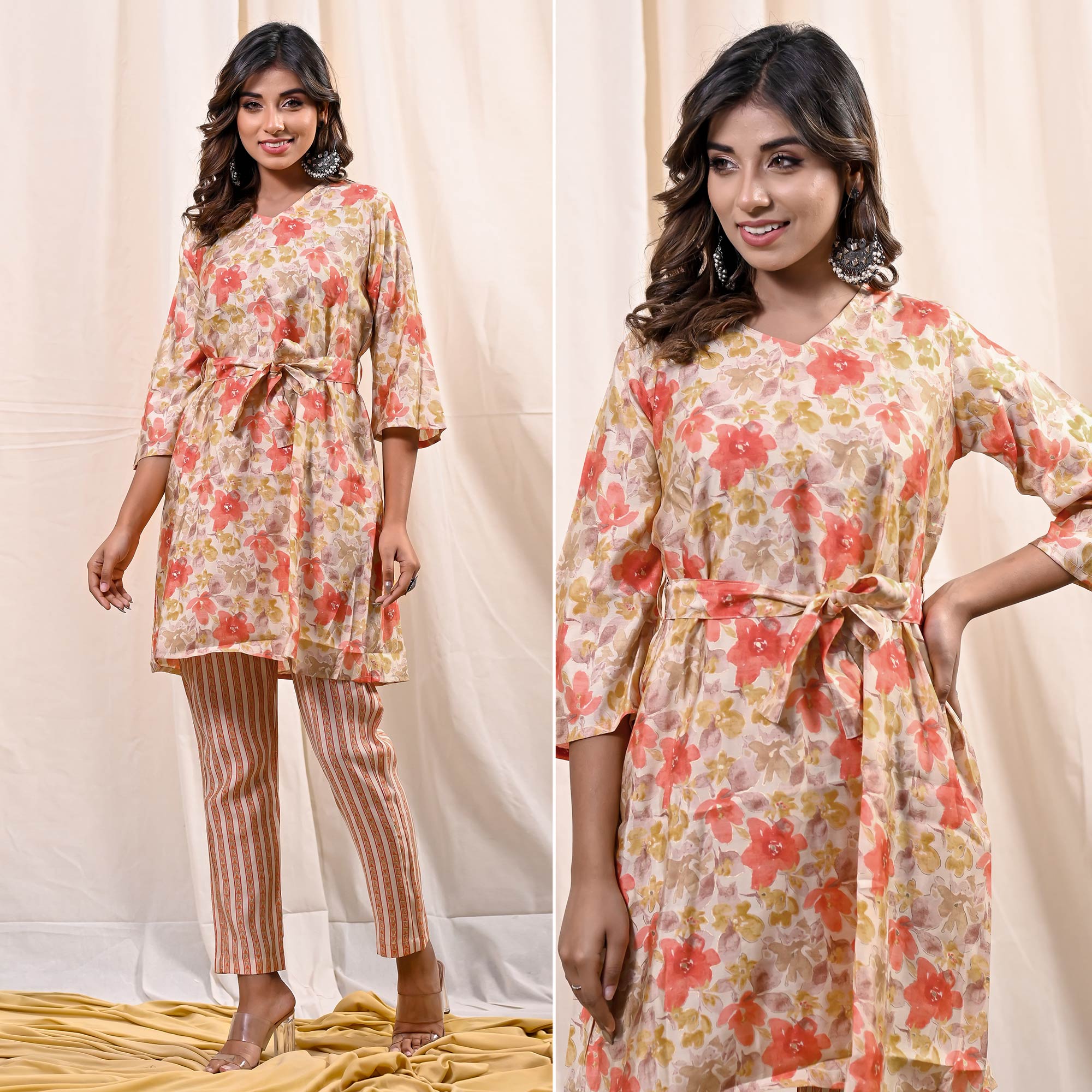 Peach Floral Foil Printed Chanderi Top Bottom Set With Belt