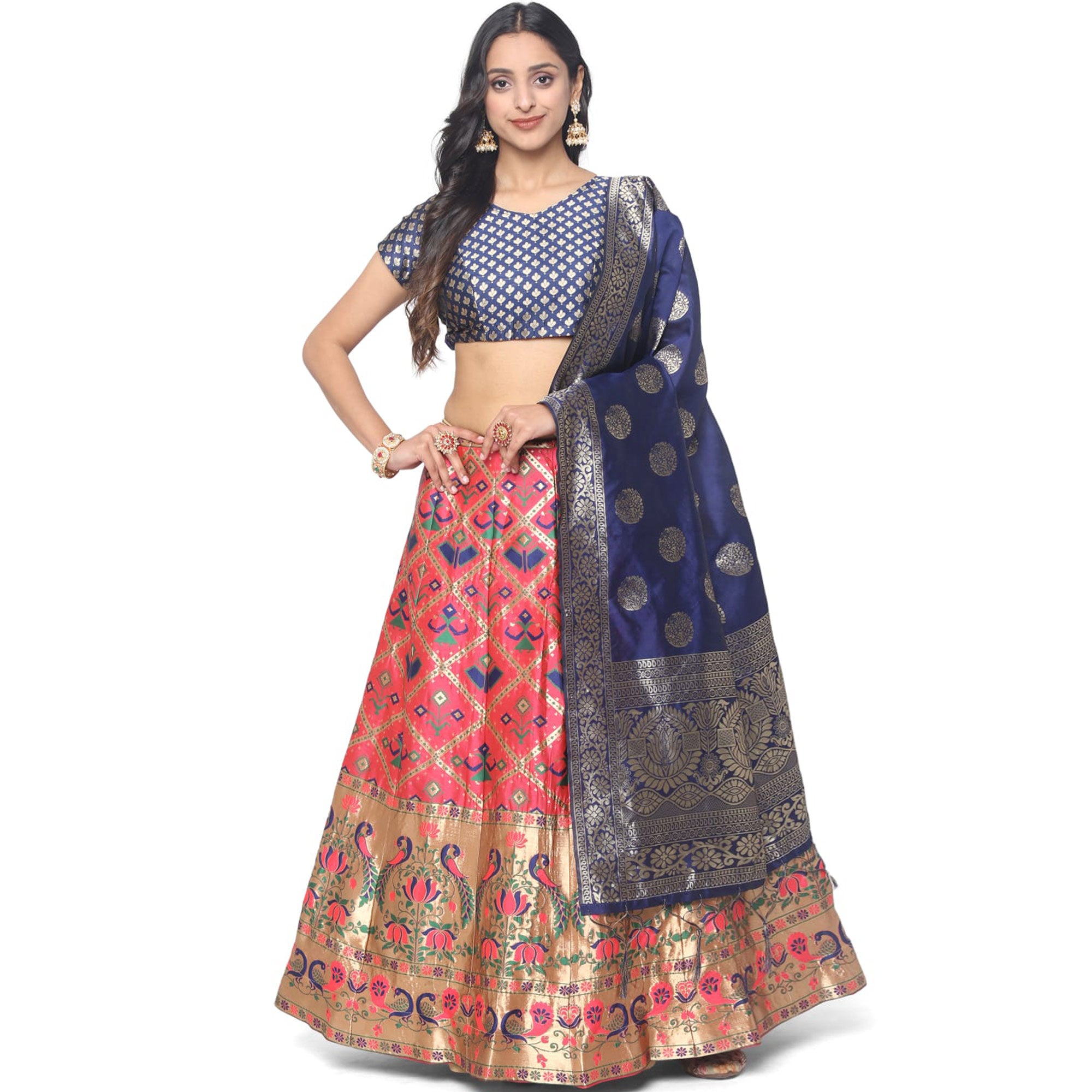 Pink Woven Jacquard Lehenga Choli