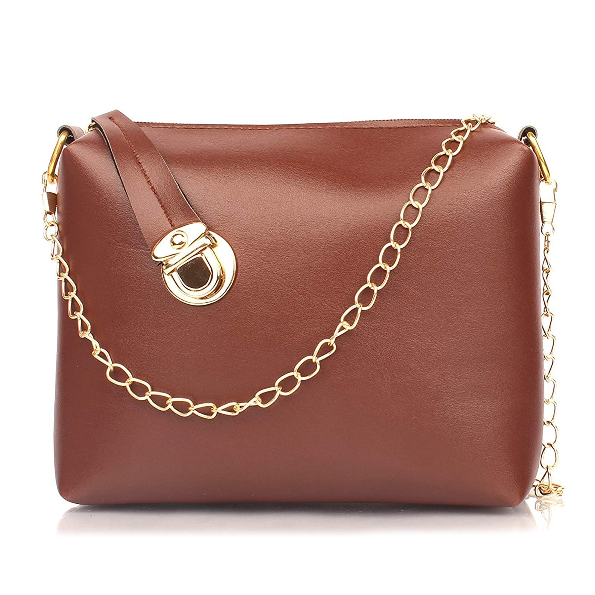 TMN - Women Brown Vegan Leather Golden Chain Sling Bag