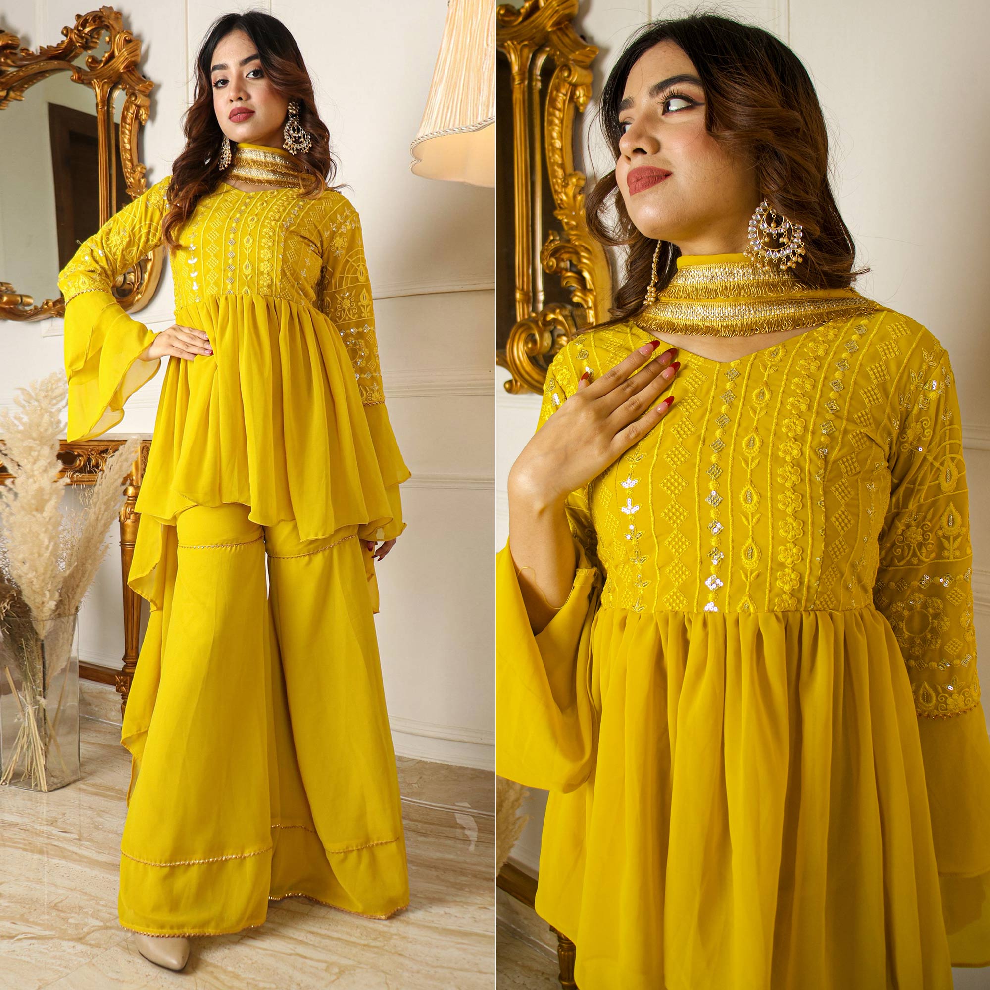 Lemon Yellow Sequins Embroidered Georgette Sharara Suit