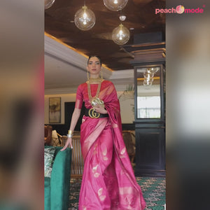Pink Woven Art Silk Saree With Tassels