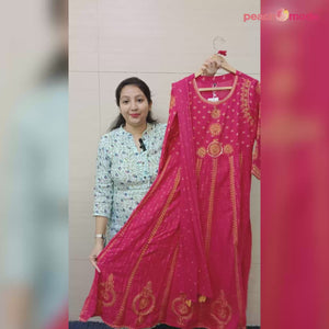 Pink Printed & Embroidered Rayon Anarkali Suit