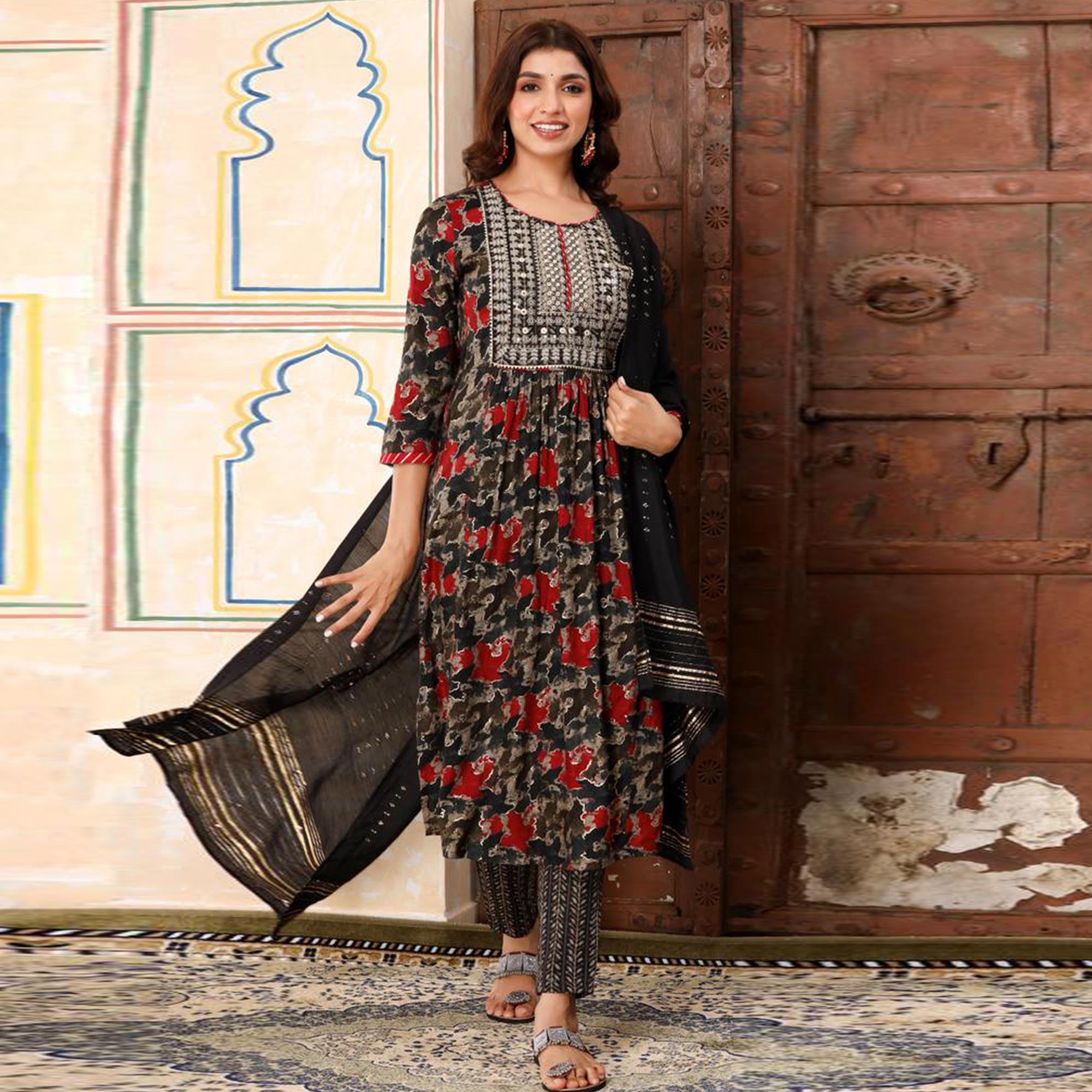 Black Printed & Embroidered Rayon Naira Cut Suit