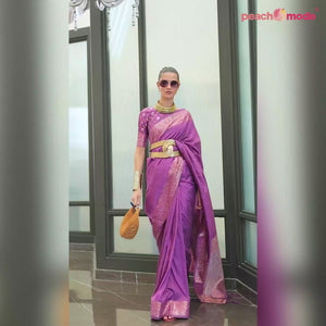 Violet Woven Tussar Silk Saree With Tassels